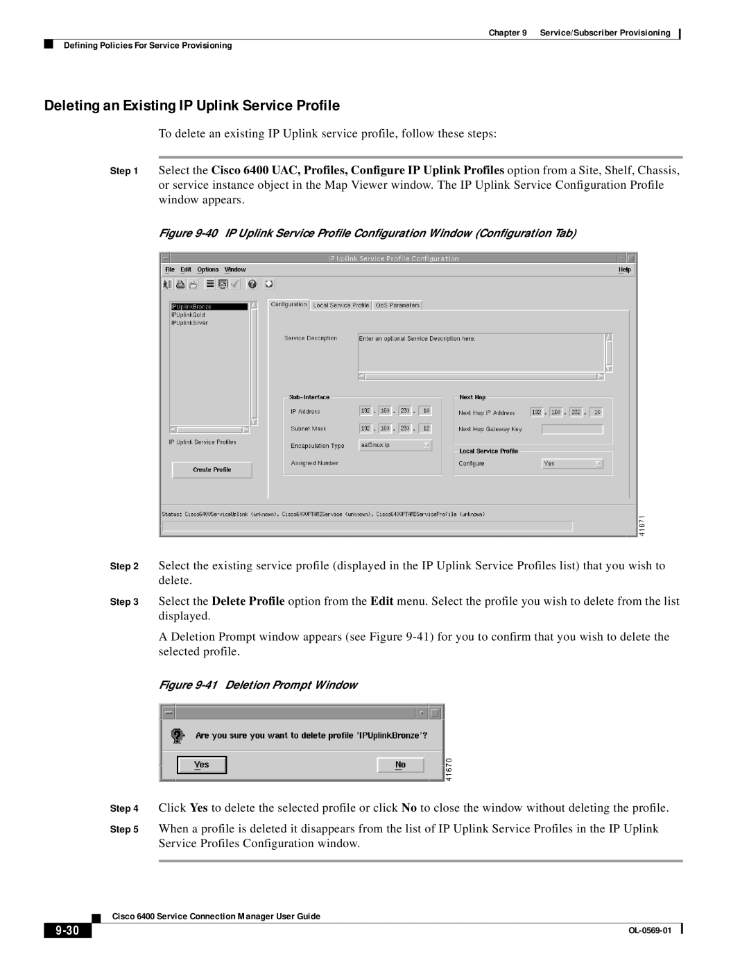 Cisco Systems OL-0569-01 manual Deleting an Existing IP Uplink Service Profile, Deletion Prompt Window 