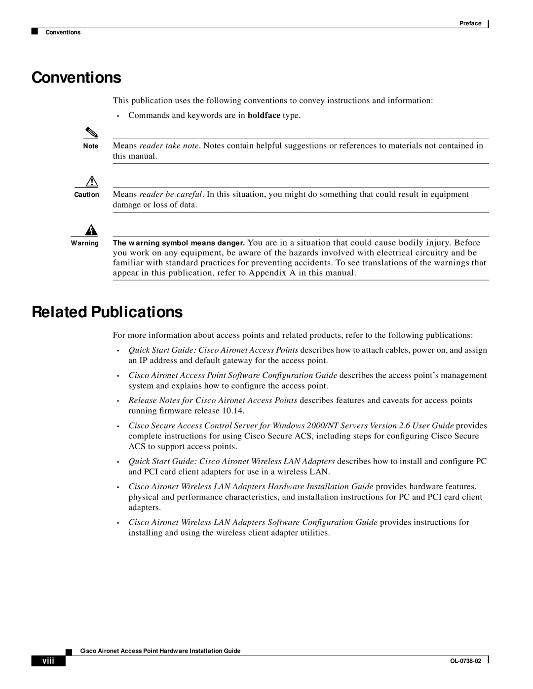 Cisco Systems OL-0738-02 specifications Conventions, Related Publications 