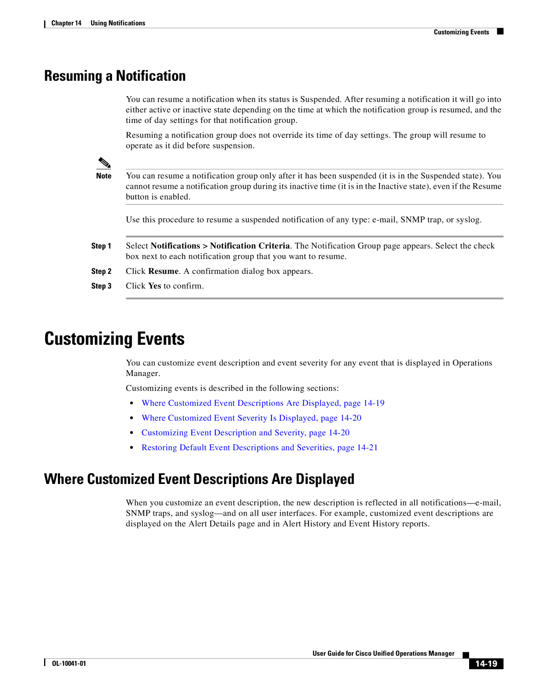 Cisco Systems OL-10041-01 Customizing Events, Resuming a Notification, Where Customized Event Descriptions Are Displayed 