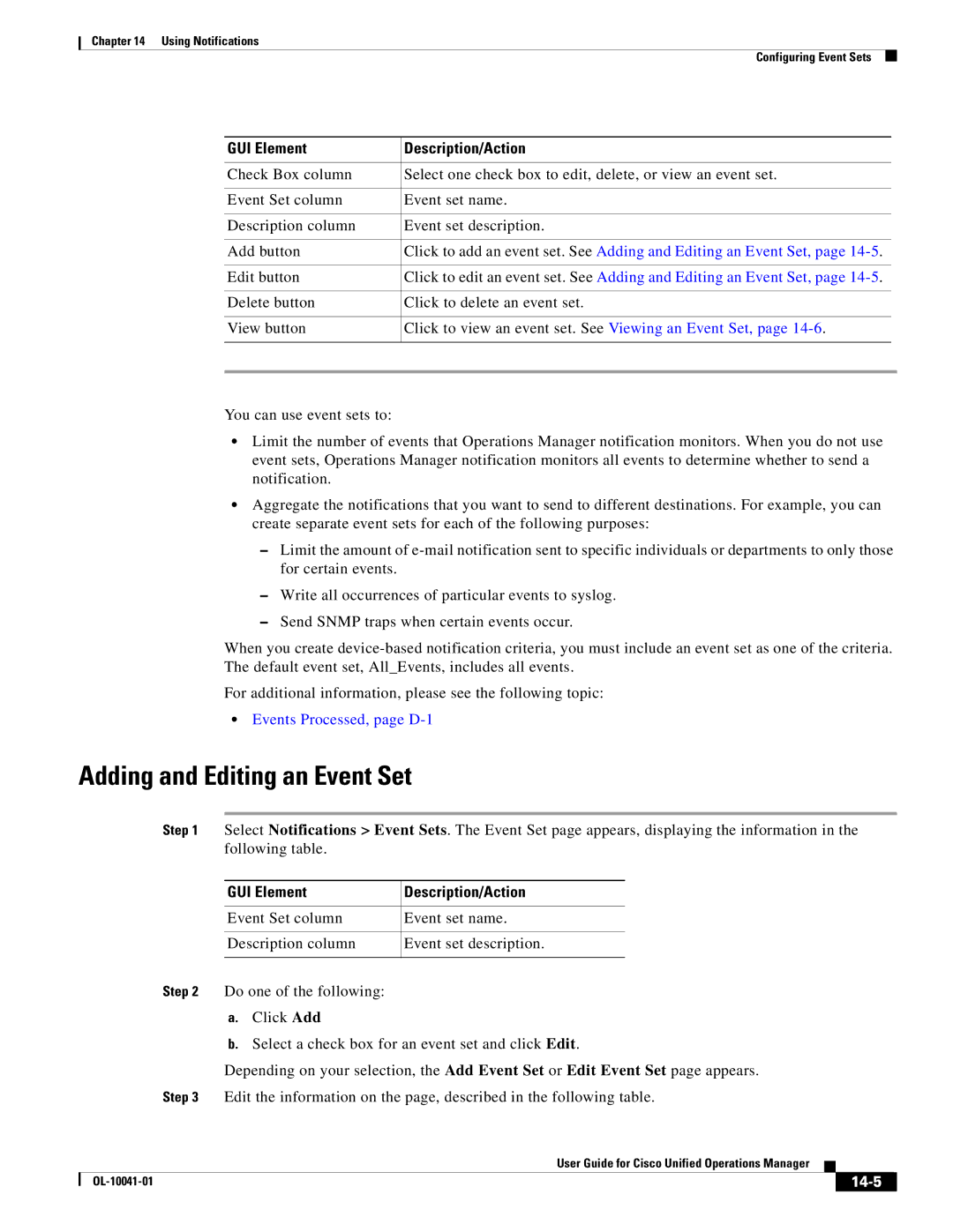 Cisco Systems OL-10041-01 appendix Adding and Editing an Event Set, Events Processed, page D-1, 14-5 