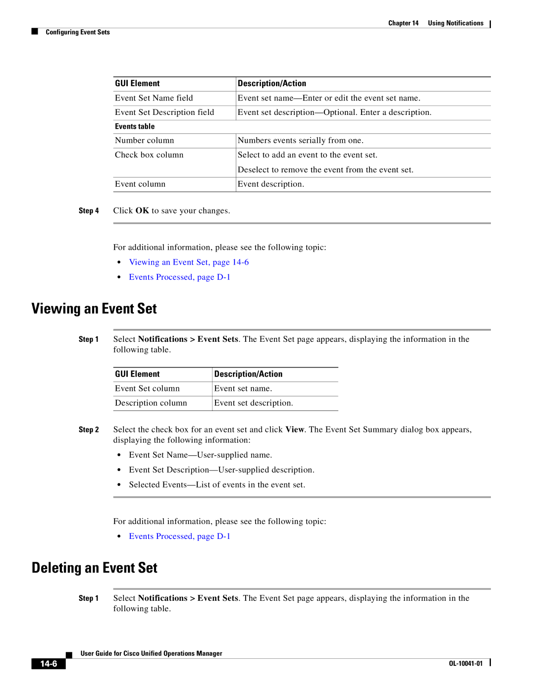 Cisco Systems OL-10041-01 appendix Deleting an Event Set, Viewing an Event Set, Events Processed, page D-1, 14-6 