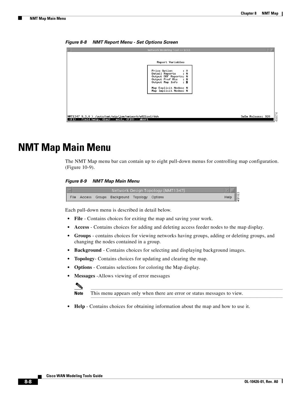 Cisco Systems OL-10426-01 manual NMT Map Main Menu, NMT Report Menu Set Options Screen 