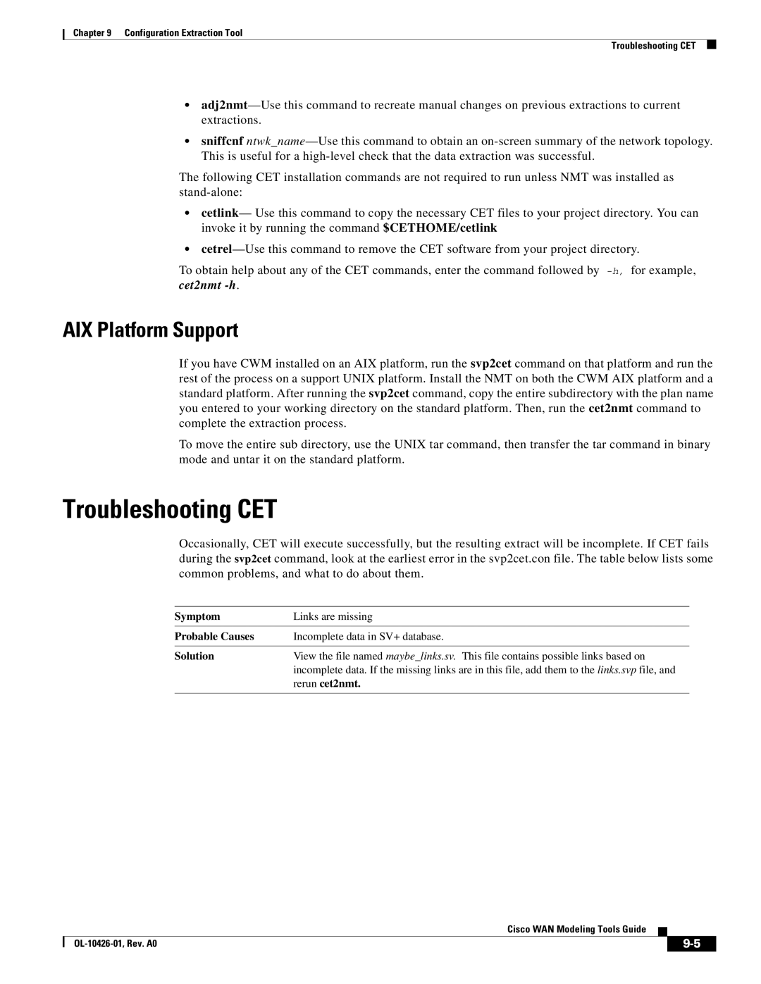 Cisco Systems OL-10426-01 manual Troubleshooting CET, AIX Platform Support, Rerun cet2nmt 