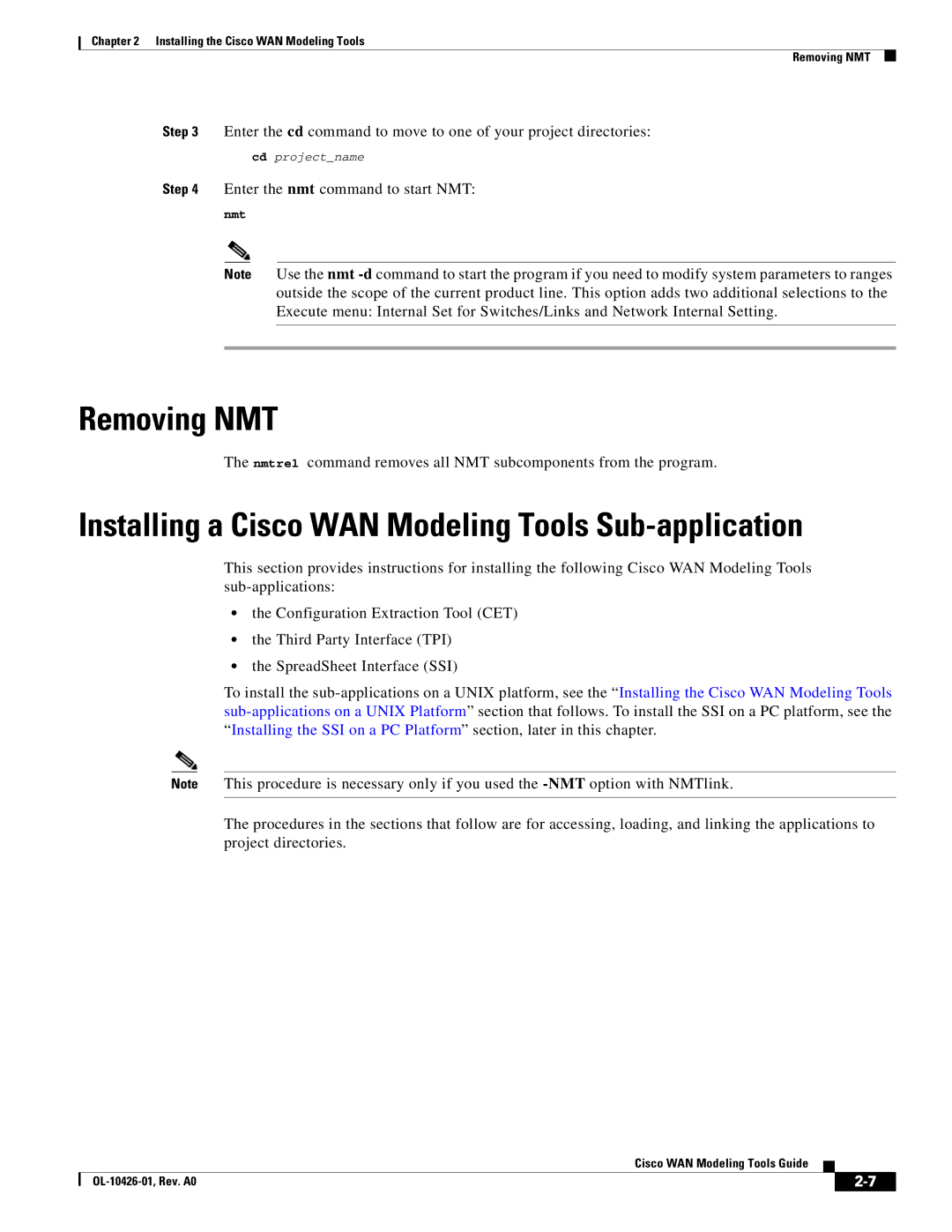 Cisco Systems OL-10426-01 manual Removing NMT, Installing a Cisco WAN Modeling Tools Sub-application 