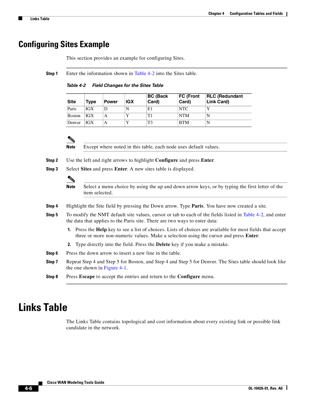 Cisco Systems OL-10426-01 manual Links Table, Configuring Sites Example, Field Changes for the Sites Table 