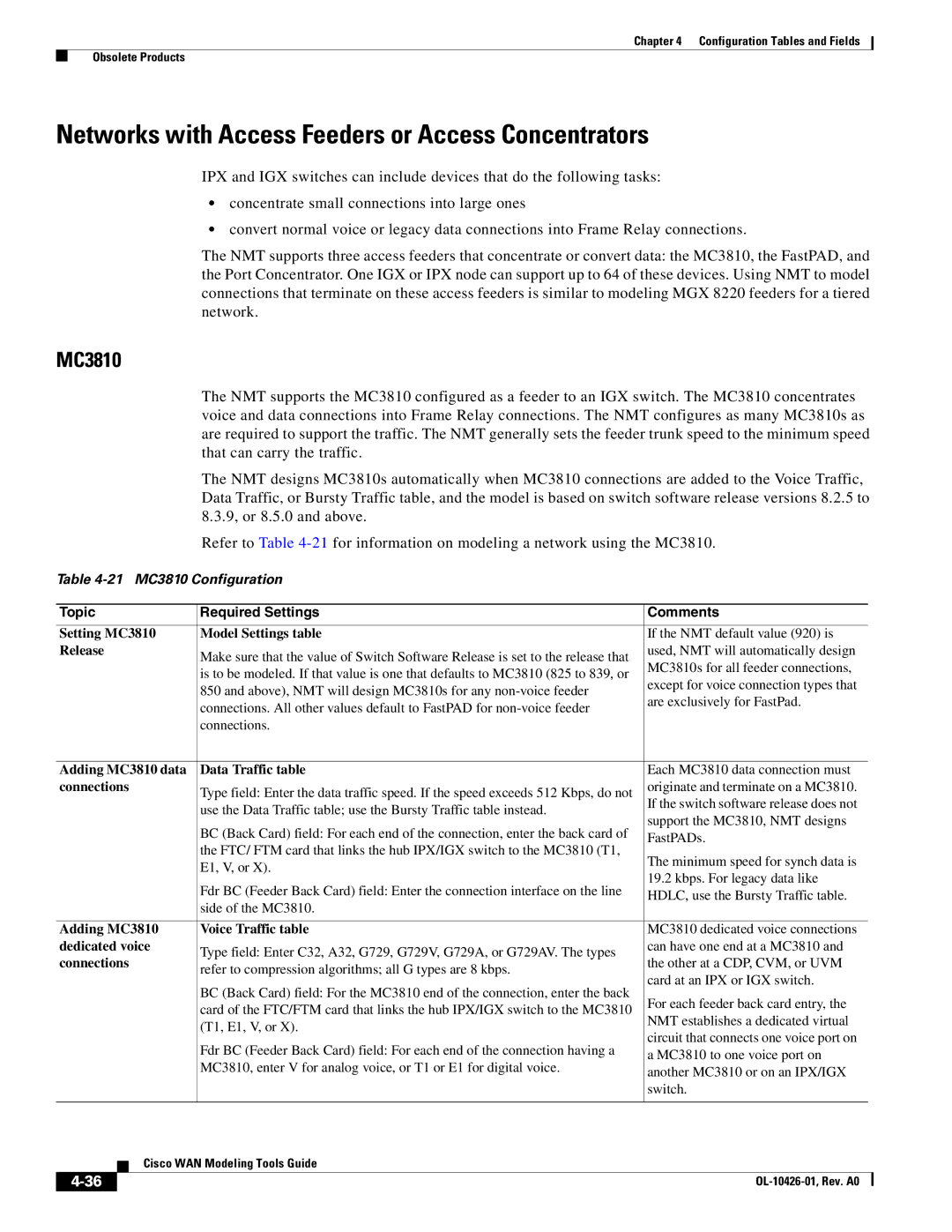 Cisco Systems OL-10426-01 manual Networks with Access Feeders or Access Concentrators, 21 MC3810 Configuration 