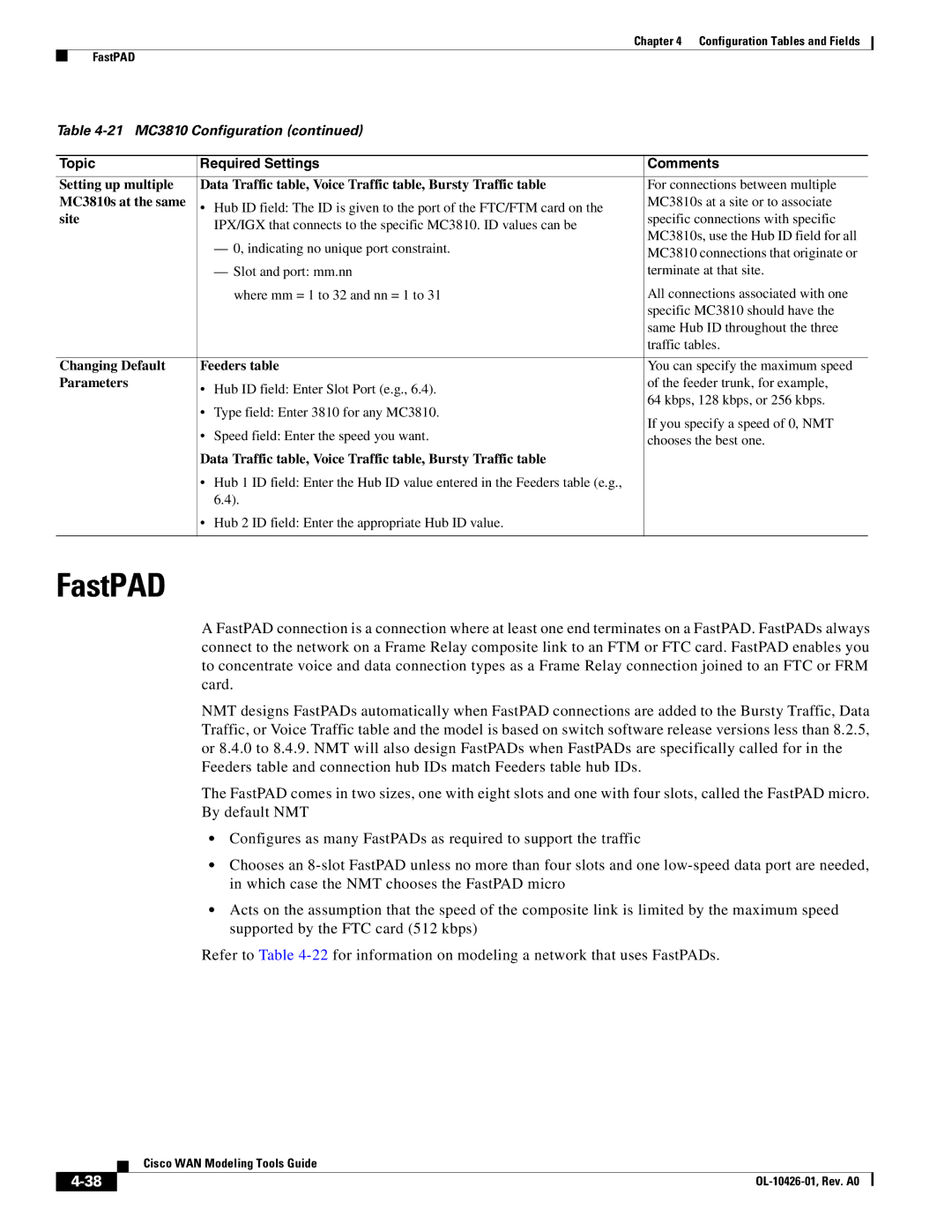 Cisco Systems OL-10426-01 manual FastPAD, MC3810s at the same, Changing Default Feeders table, Parameters 