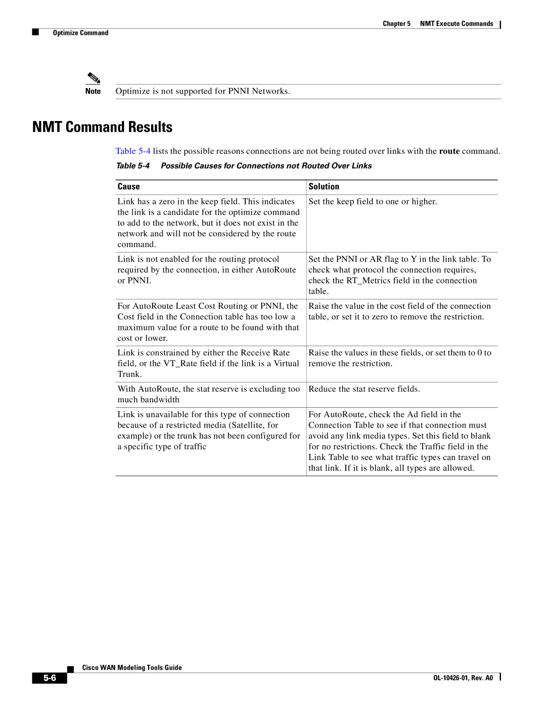 Cisco Systems OL-10426-01 manual NMT Command Results, Possible Causes for Connections not Routed Over Links 