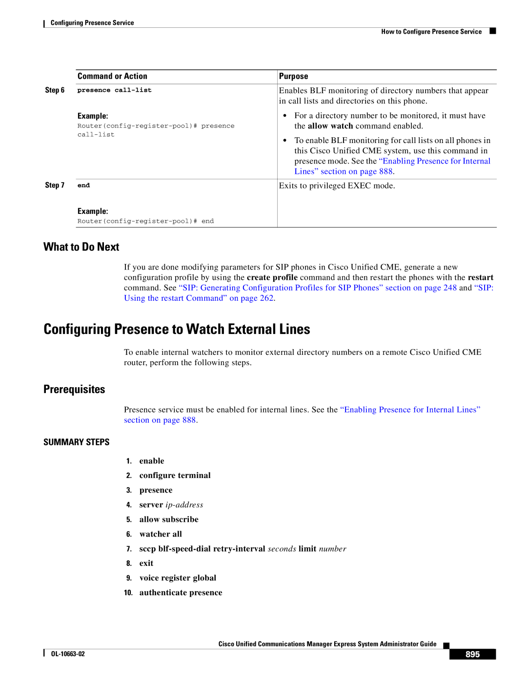 Cisco Systems OL-10663-02 manual Configuring Presence to Watch External Lines, Enable Configure terminal Presence, 895 