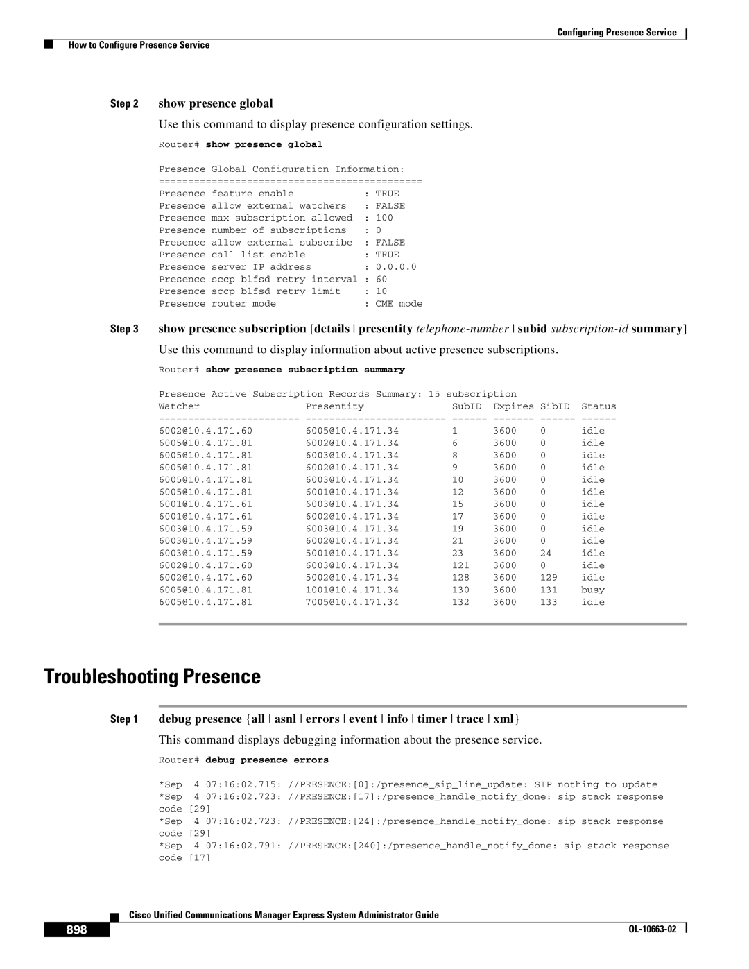 Cisco Systems OL-10663-02 manual Troubleshooting Presence, Show presence global, 898 