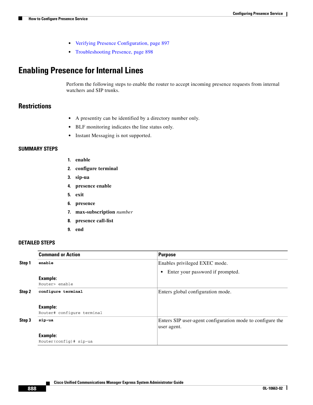 Cisco Systems OL-10663-02 manual Enabling Presence for Internal Lines, Command or Action Purpose, Example, 888 