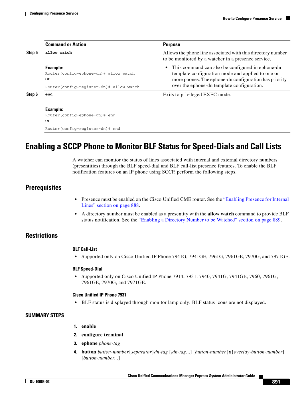 Cisco Systems OL-10663-02 manual BLF Call-List, BLF Speed-Dial, Cisco Unified IP Phone, Enable Configure terminal, 891 