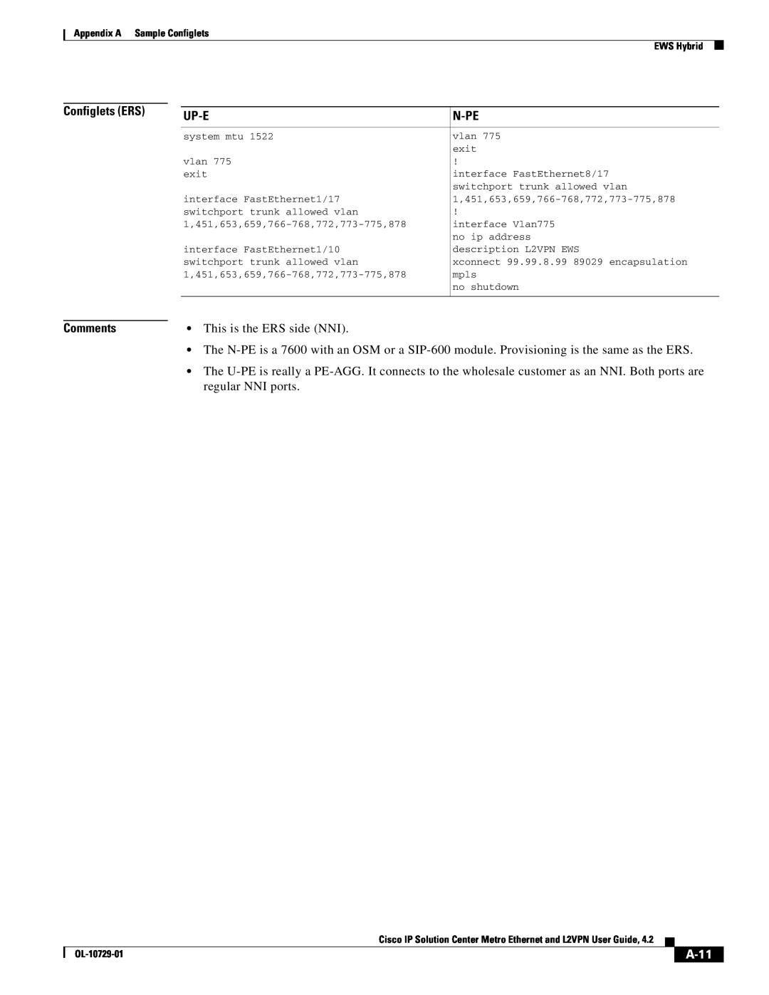 Cisco Systems OL-10729-01 appendix Configlets ERS, A-11, Up-E, N-Pe, Comments 