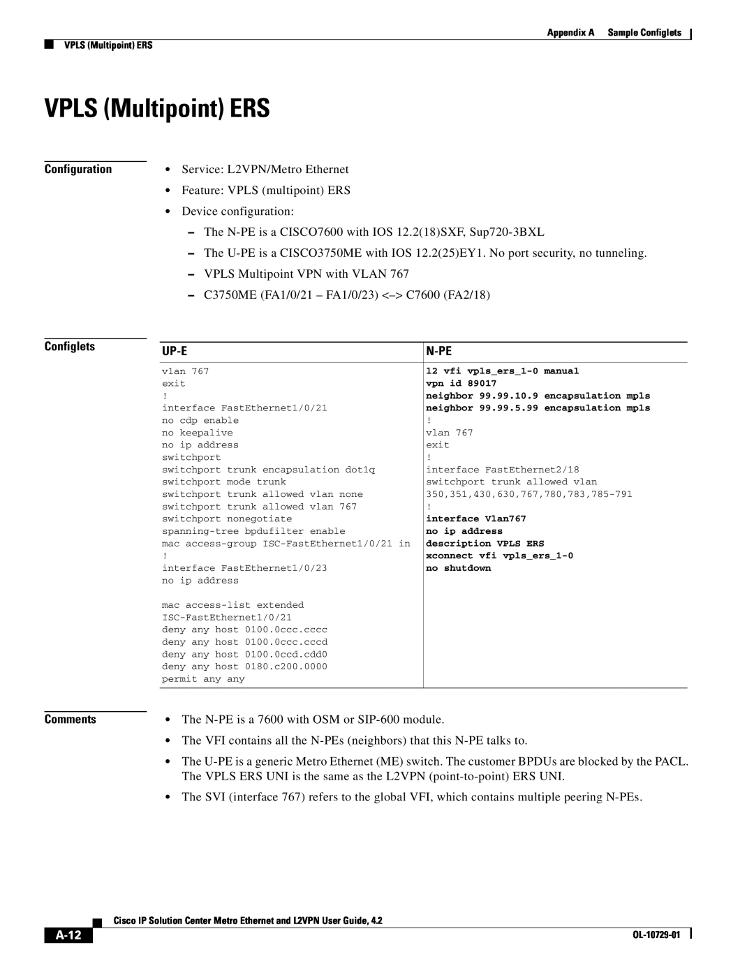 Cisco Systems OL-10729-01 appendix VPLS Multipoint ERS, A-12, Configuration Configlets, Up-E, N-Pe, Comments 