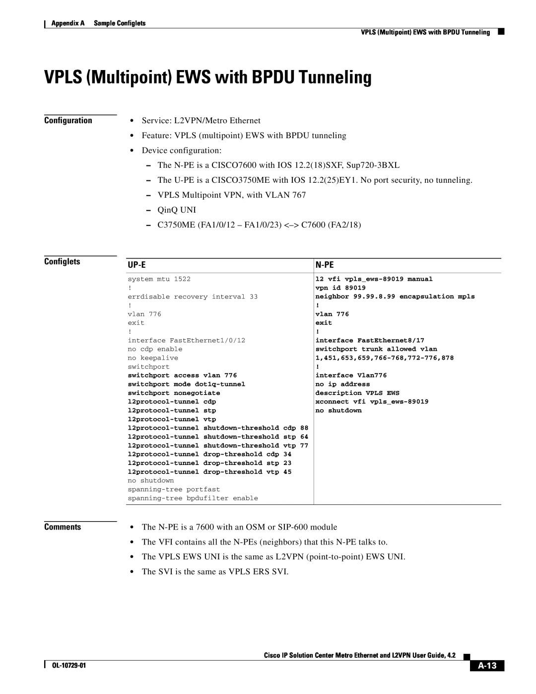 Cisco Systems OL-10729-01 VPLS Multipoint EWS with BPDU Tunneling, A-13, Configuration Configlets Comments, Up-E, N-Pe 