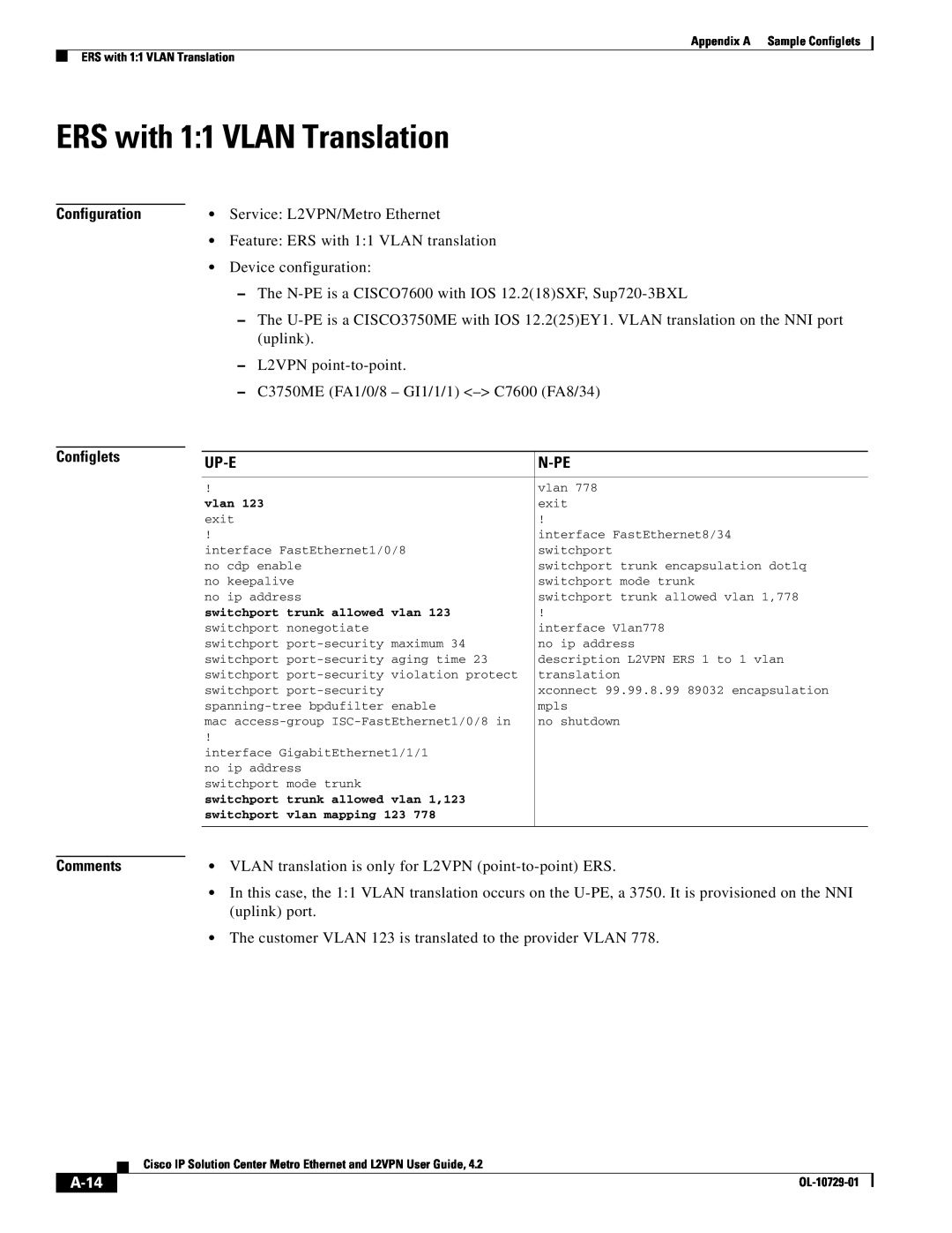 Cisco Systems OL-10729-01 appendix ERS with 11 VLAN Translation, A-14, Configuration Configlets, Up-E, N-Pe, Comments 