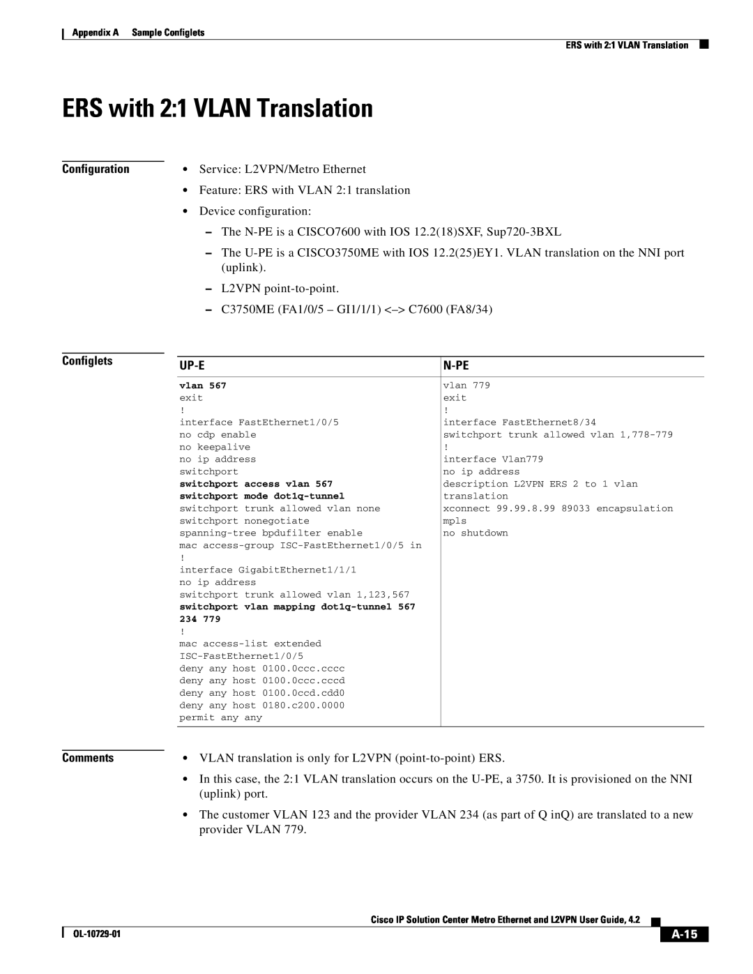 Cisco Systems OL-10729-01 appendix ERS with 21 VLAN Translation, A-15, Configuration Configlets, Up-E, N-Pe, Comments 