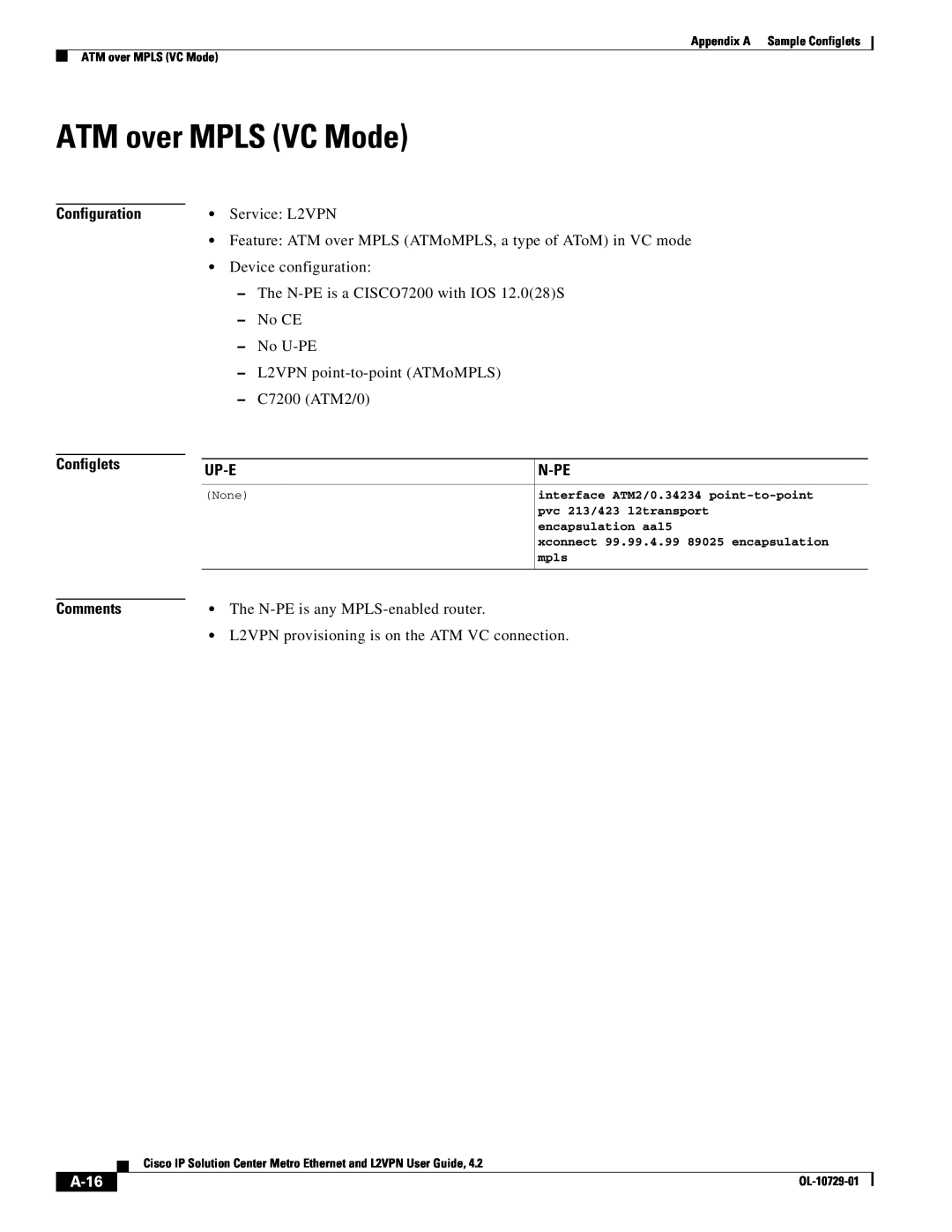 Cisco Systems OL-10729-01 appendix ATM over MPLS VC Mode, A-16, Configuration Configlets Comments, Up-E, N-Pe 