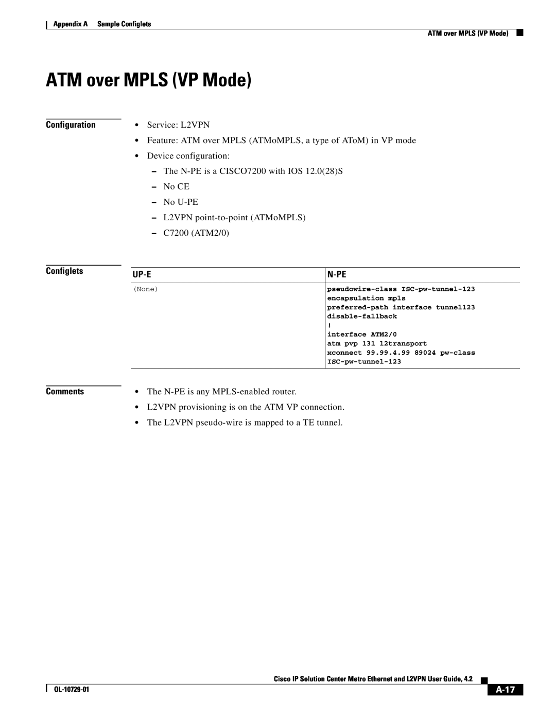 Cisco Systems OL-10729-01 appendix ATM over MPLS VP Mode, A-17, Configuration Configlets, Up-E, N-Pe, Comments 