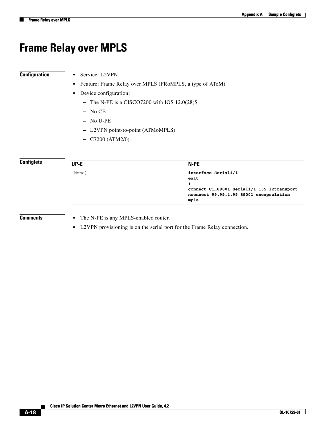 Cisco Systems OL-10729-01 appendix Frame Relay over MPLS, A-18, Configuration Configlets Comments, Up-E, N-Pe 