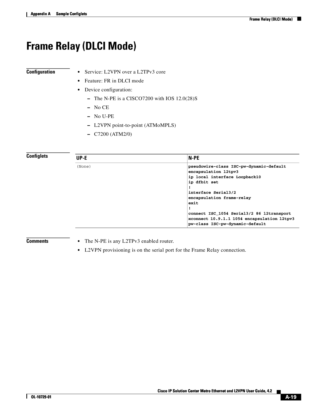 Cisco Systems OL-10729-01 appendix Frame Relay DLCI Mode, A-19, Configuration Configlets, Up-E, N-Pe, Comments 