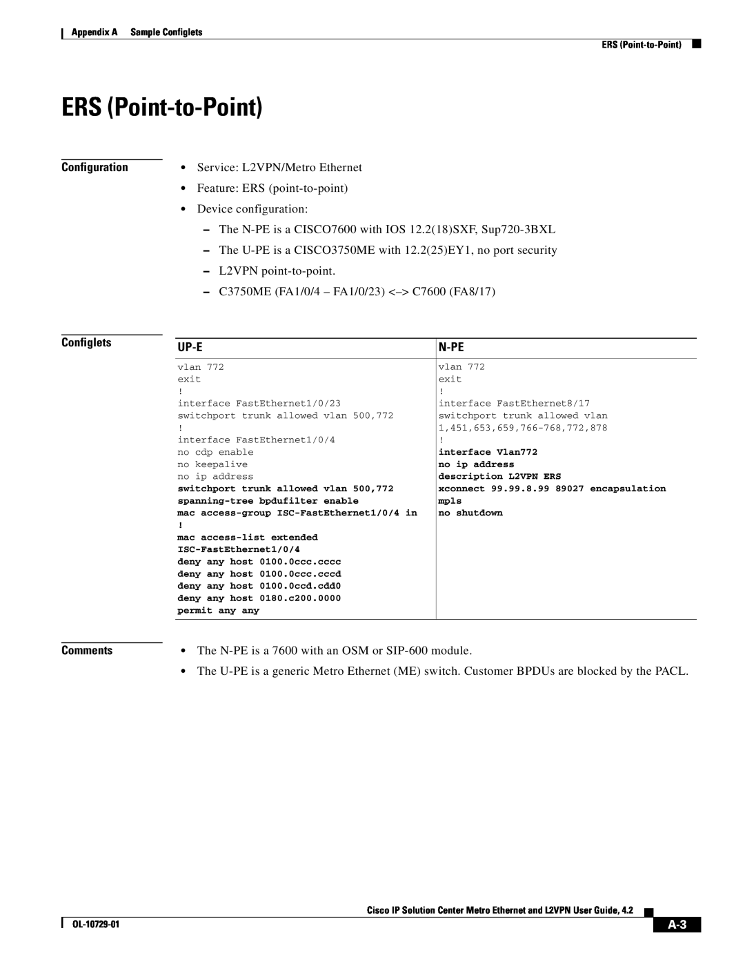 Cisco Systems OL-10729-01 appendix ERS Point-to-Point, Configuration Configlets, Up-E, N-Pe, Comments 