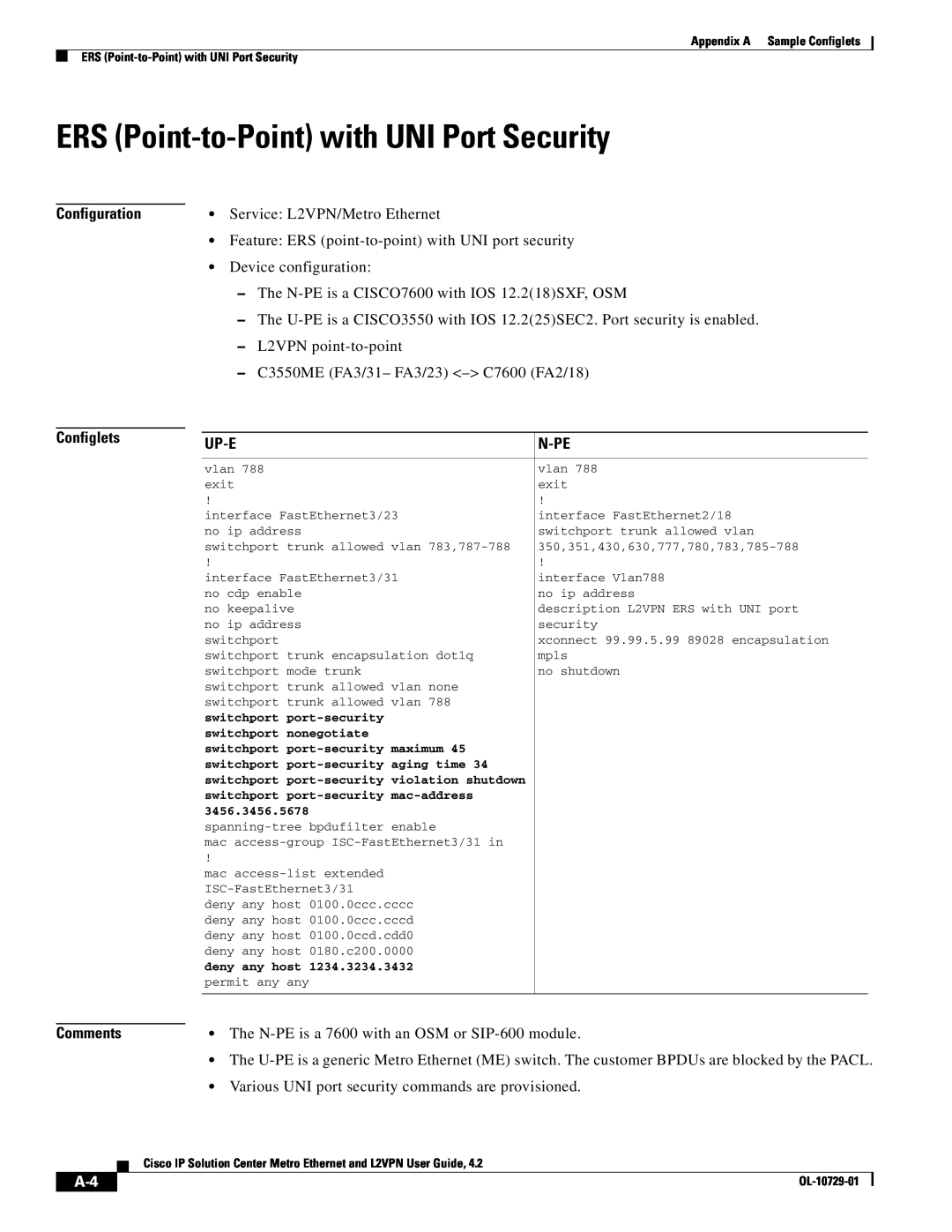 Cisco Systems OL-10729-01 ERS Point-to-Point with UNI Port Security, Configuration Configlets, Up-E, N-Pe, Comments 