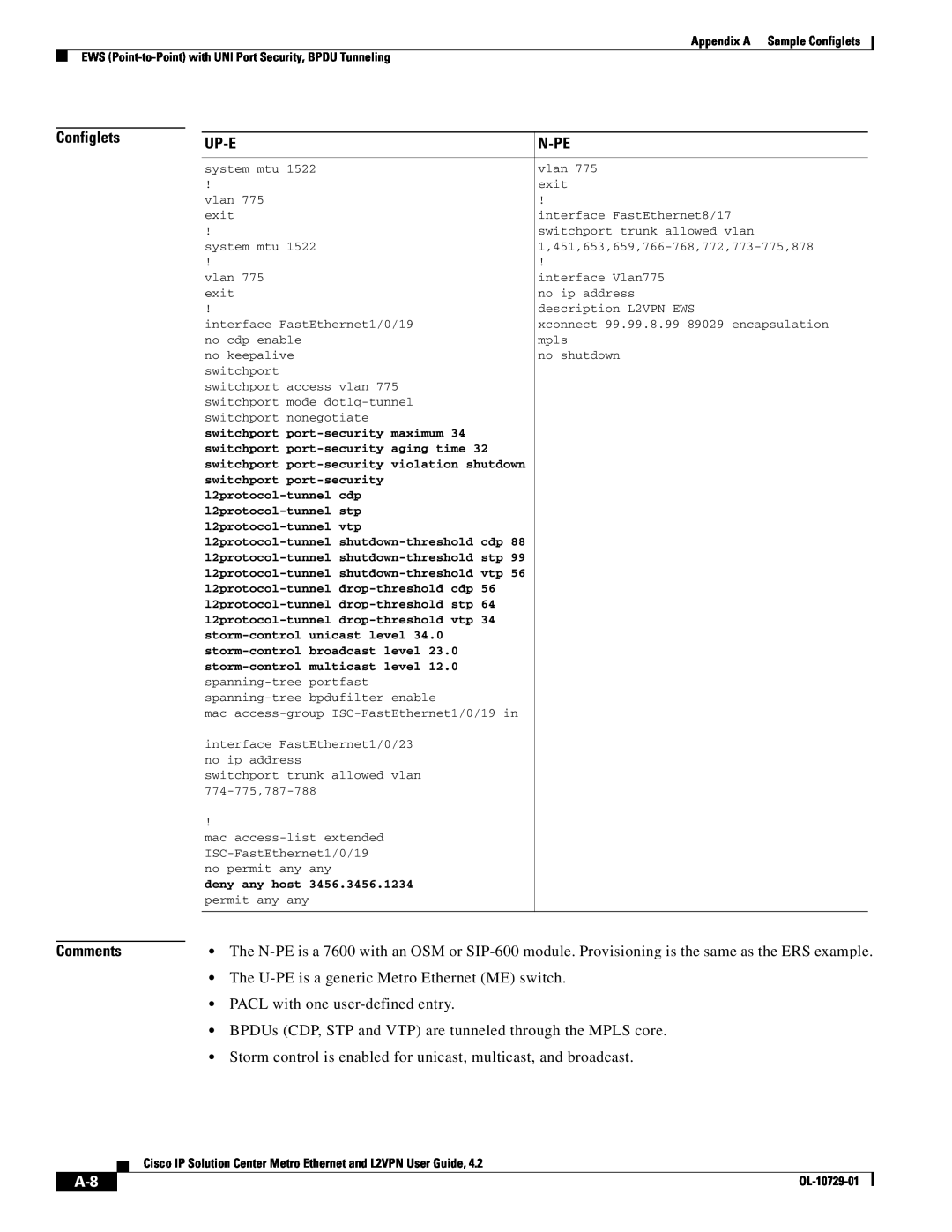 Cisco Systems OL-10729-01 appendix Up-E, N-Pe, Comments, Appendix A Sample Configlets, switchport port-security maximum 