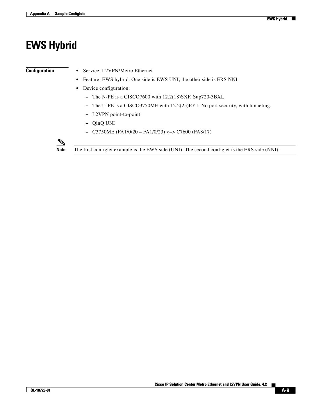 Cisco Systems OL-10729-01 appendix EWS Hybrid, Configuration, Service L2VPN/Metro Ethernet, Device configuration 