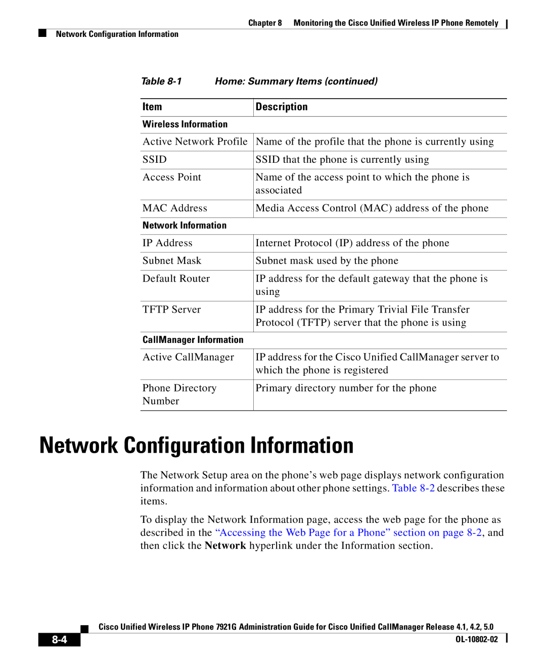 Cisco Systems OL-10802-02 manual Network Configuration Information, Description 