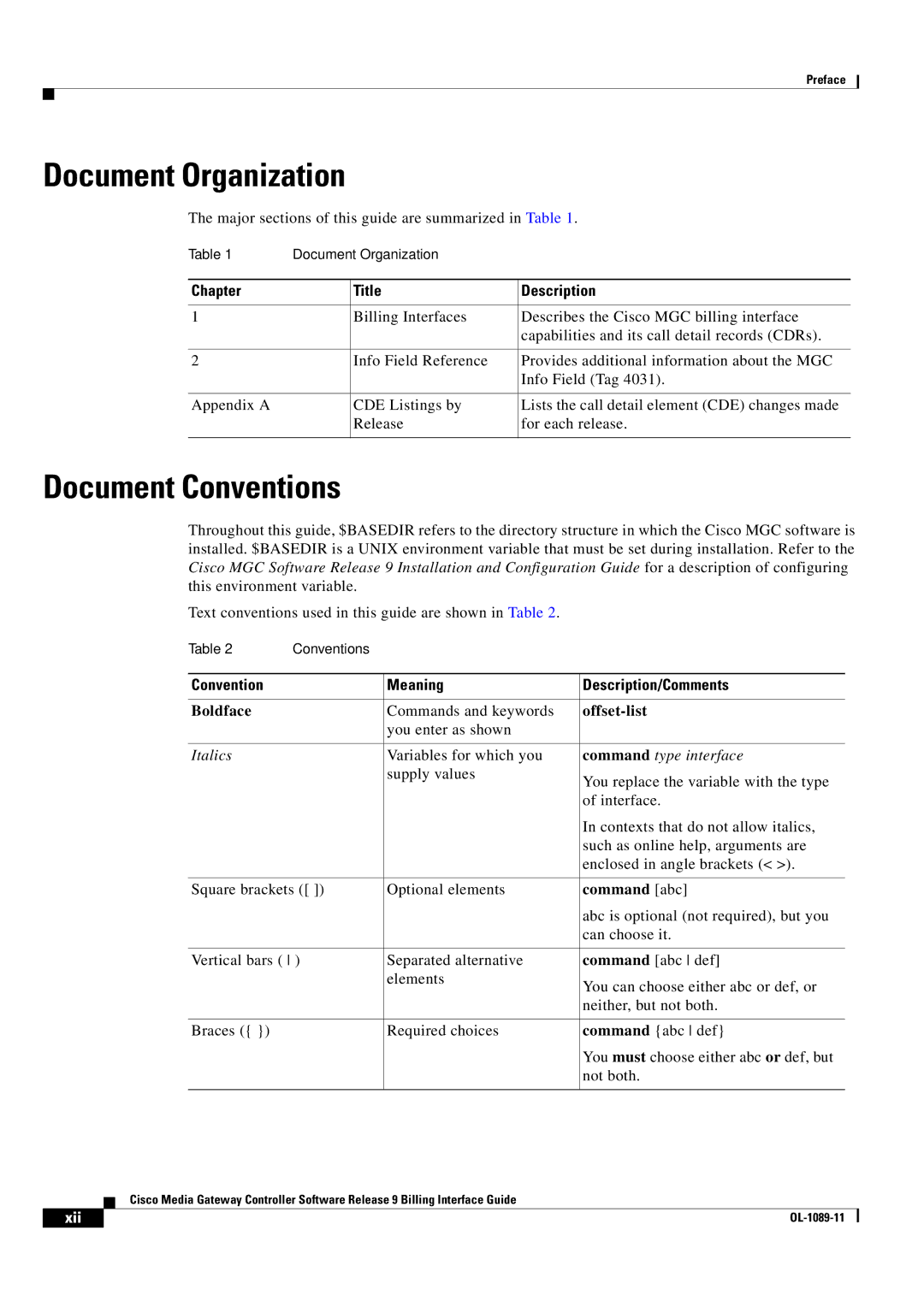 Cisco Systems OL-1089-11 manual Document Organization, Document Conventions, Chapter Title Description 