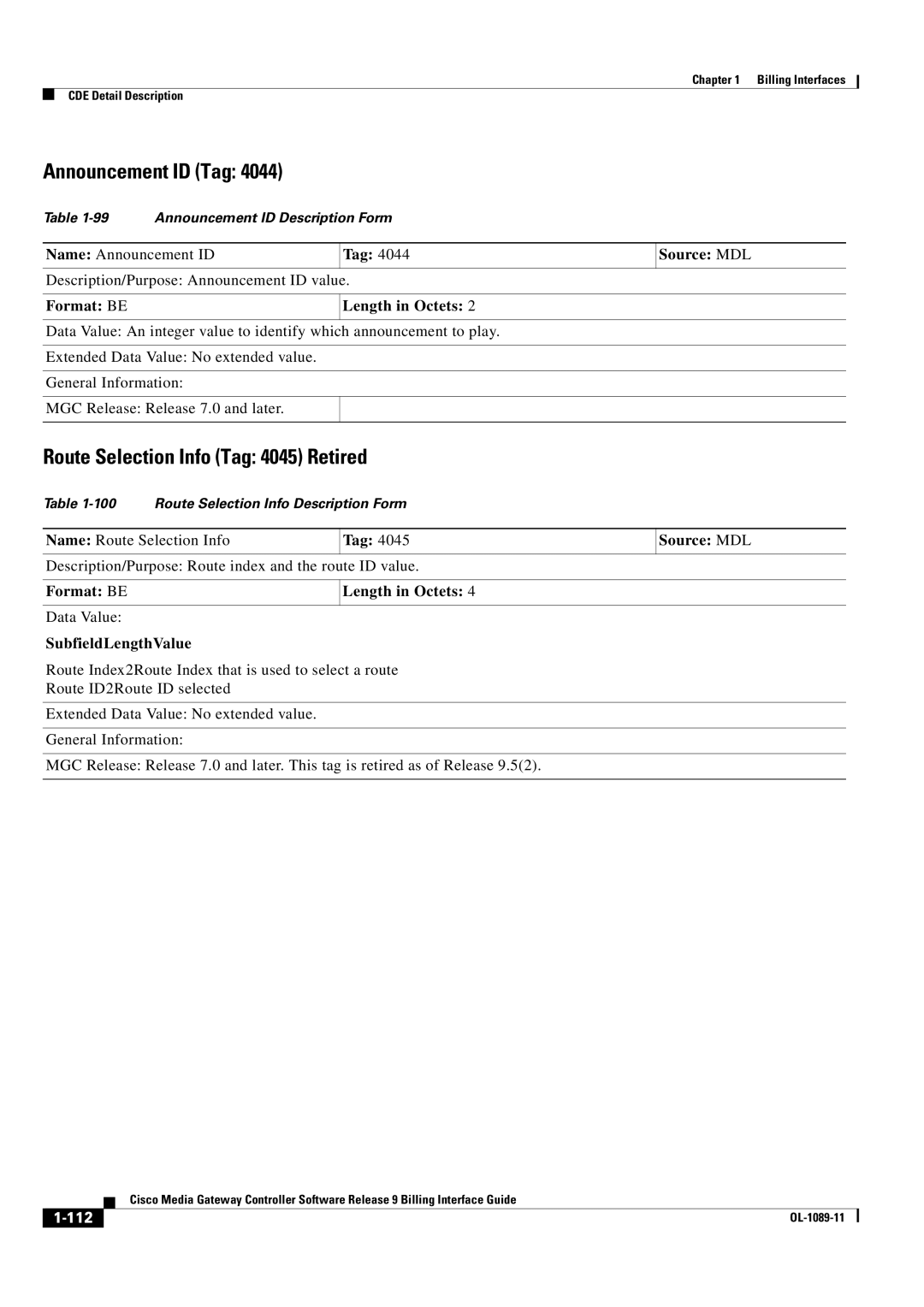 Cisco Systems OL-1089-11 manual Announcement ID Tag, Route Selection Info Tag 4045 Retired, SubfieldLengthValue 