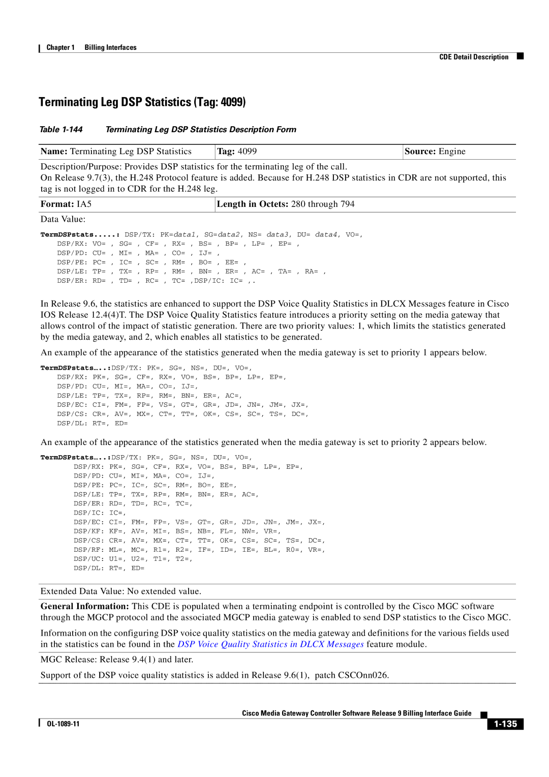 Cisco Systems OL-1089-11 manual Terminating Leg DSP Statistics Tag 