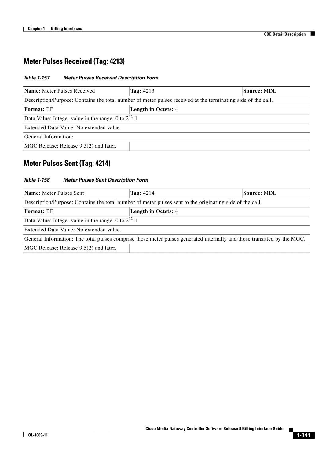 Cisco Systems OL-1089-11 manual Meter Pulses Sent Tag, Name Meter Pulses Received Tag Source MDL 