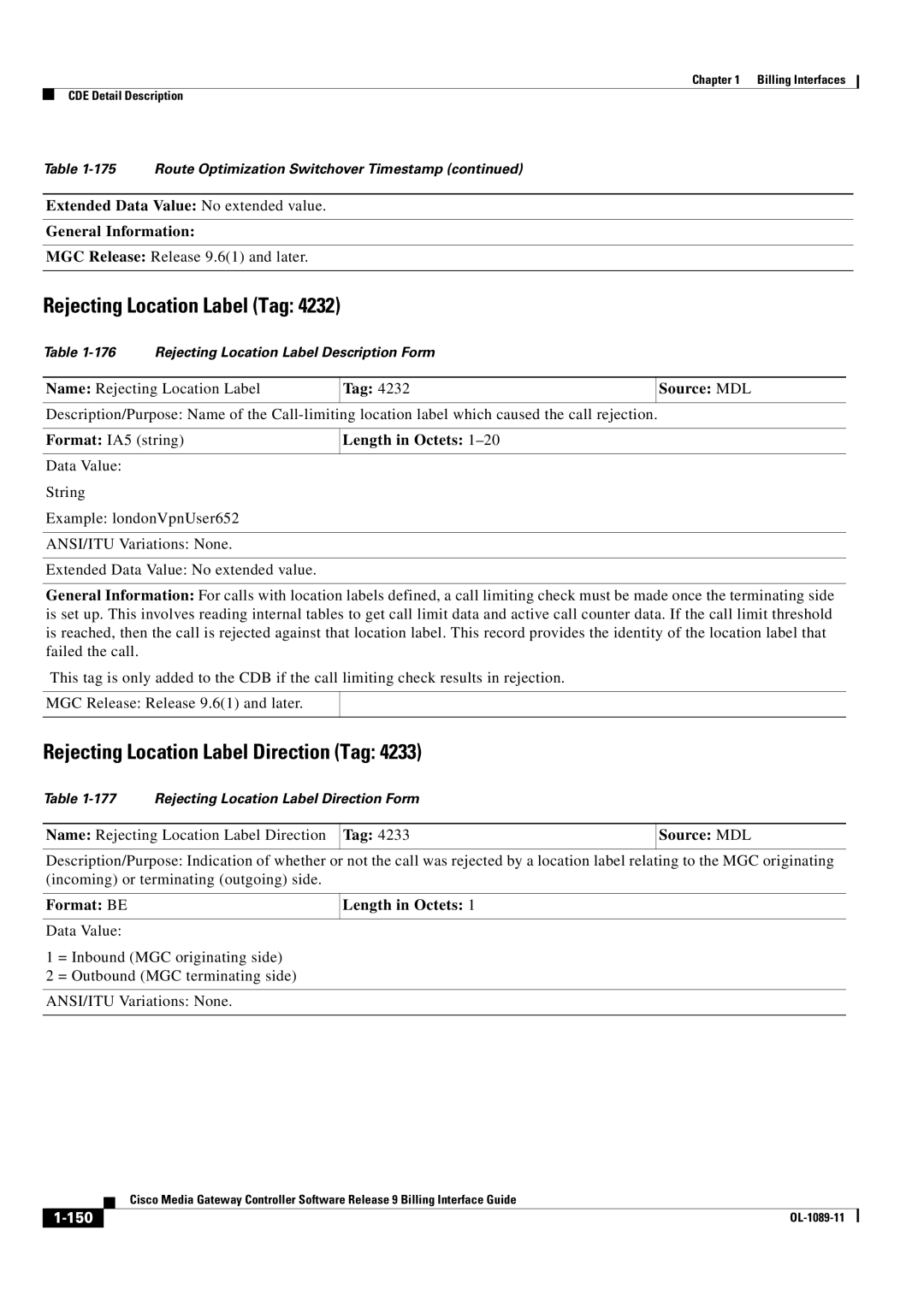 Cisco Systems OL-1089-11 manual Rejecting Location Label Tag, Rejecting Location Label Direction Tag 