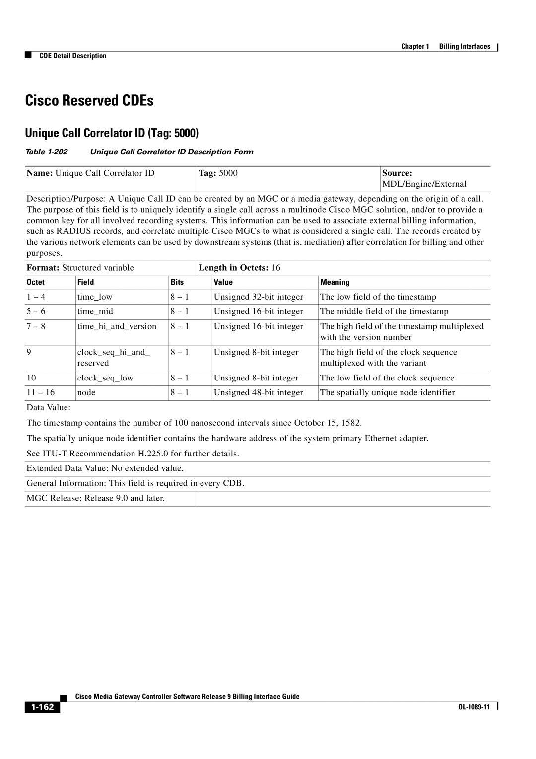 Cisco Systems OL-1089-11 manual Cisco Reserved CDEs, Unique Call Correlator ID Tag, Tag Source 