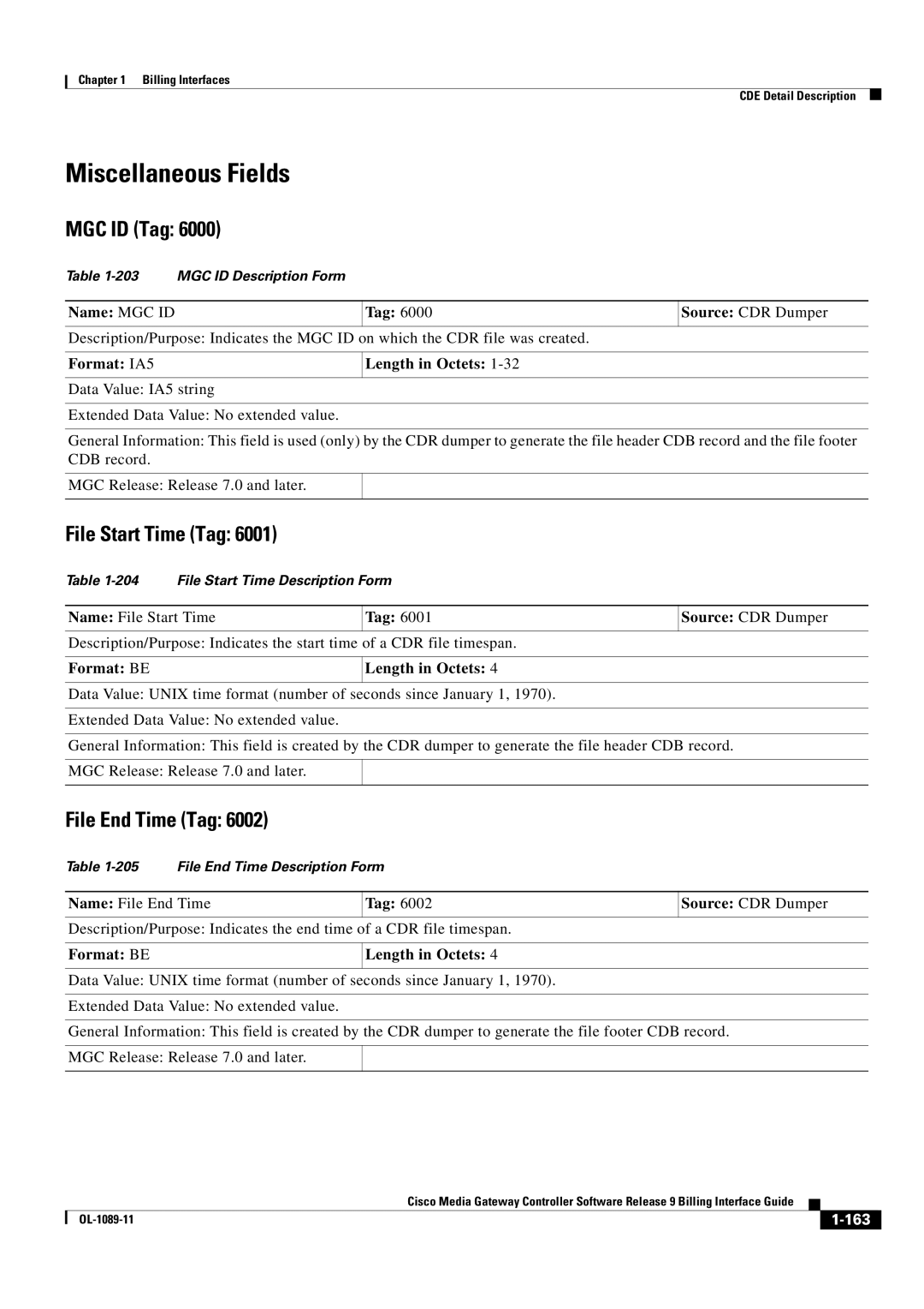 Cisco Systems OL-1089-11 manual Miscellaneous Fields, File Start Time Tag, File End Time Tag, Name MGC ID Tag 