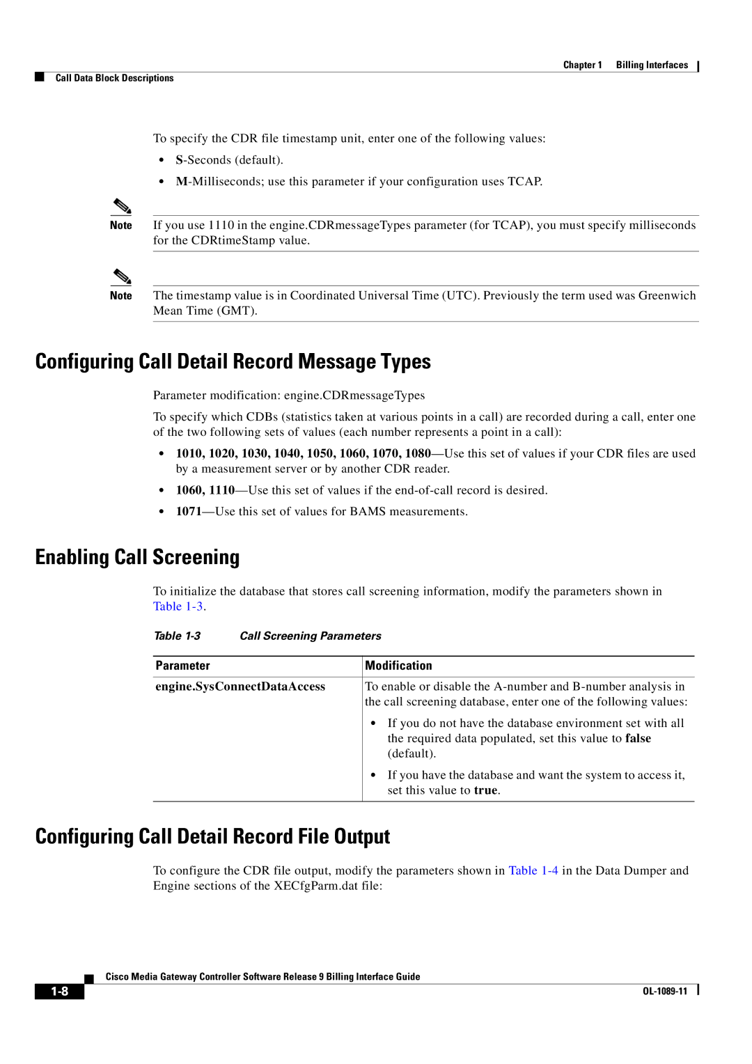 Cisco Systems OL-1089-11 Configuring Call Detail Record Message Types, Parameter Modification, Engine.SysConnectDataAccess 