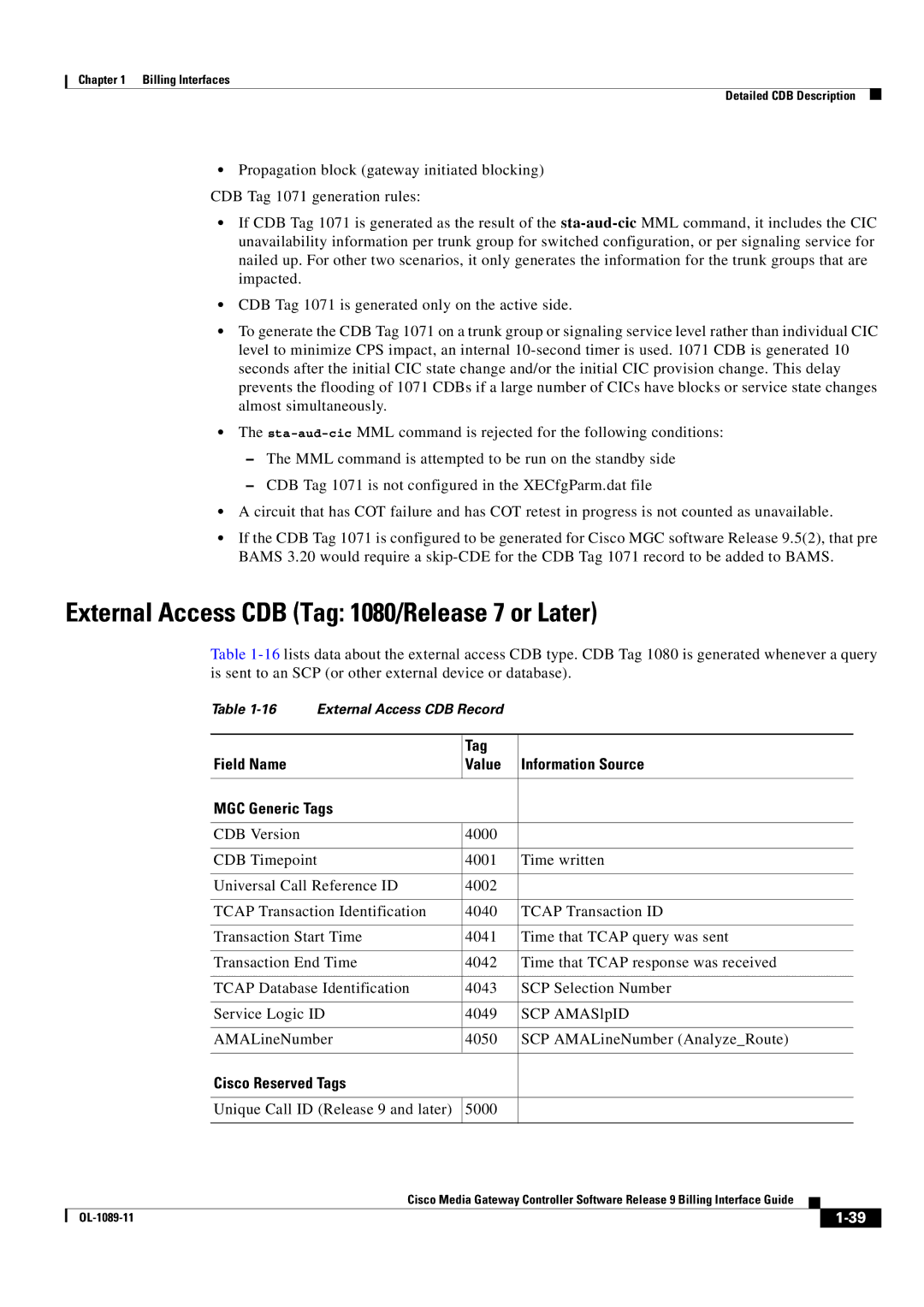 Cisco Systems OL-1089-11 manual External Access CDB Tag 1080/Release 7 or Later 