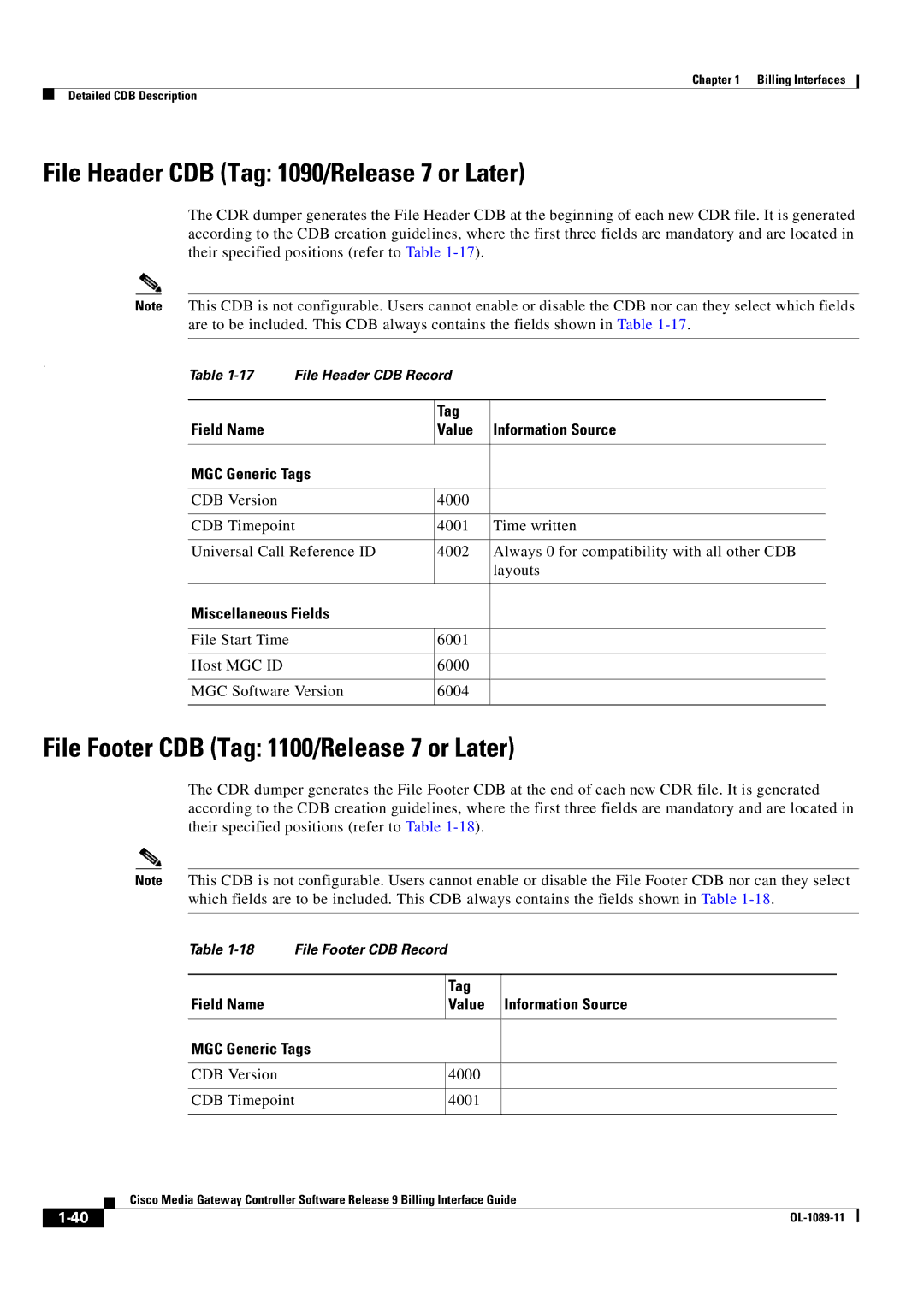 Cisco Systems OL-1089-11 manual File Header CDB Tag 1090/Release 7 or Later, File Footer CDB Tag 1100/Release 7 or Later 