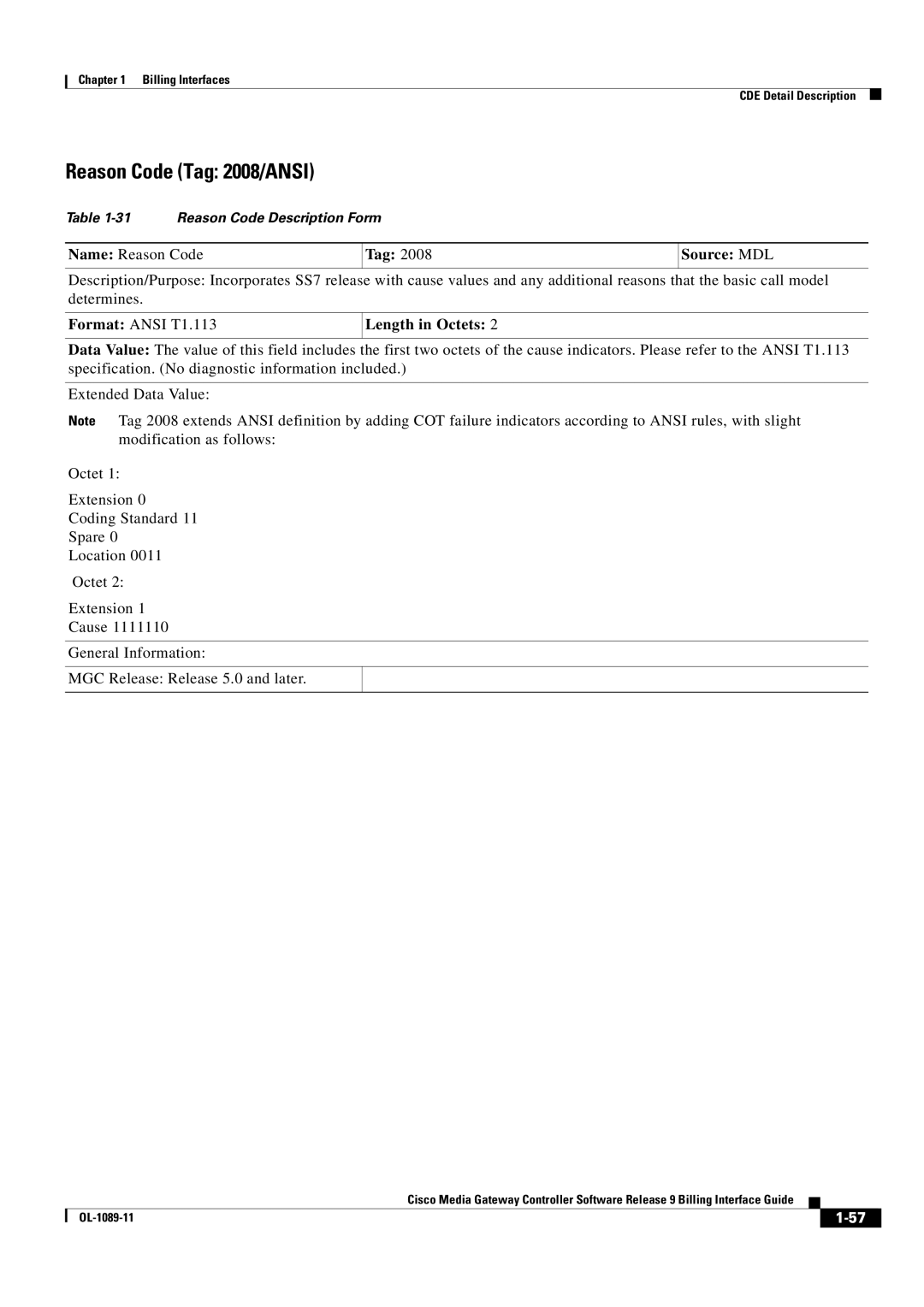 Cisco Systems OL-1089-11 manual Reason Code Tag 2008/ANSI, Name Reason Code Tag Source MDL 