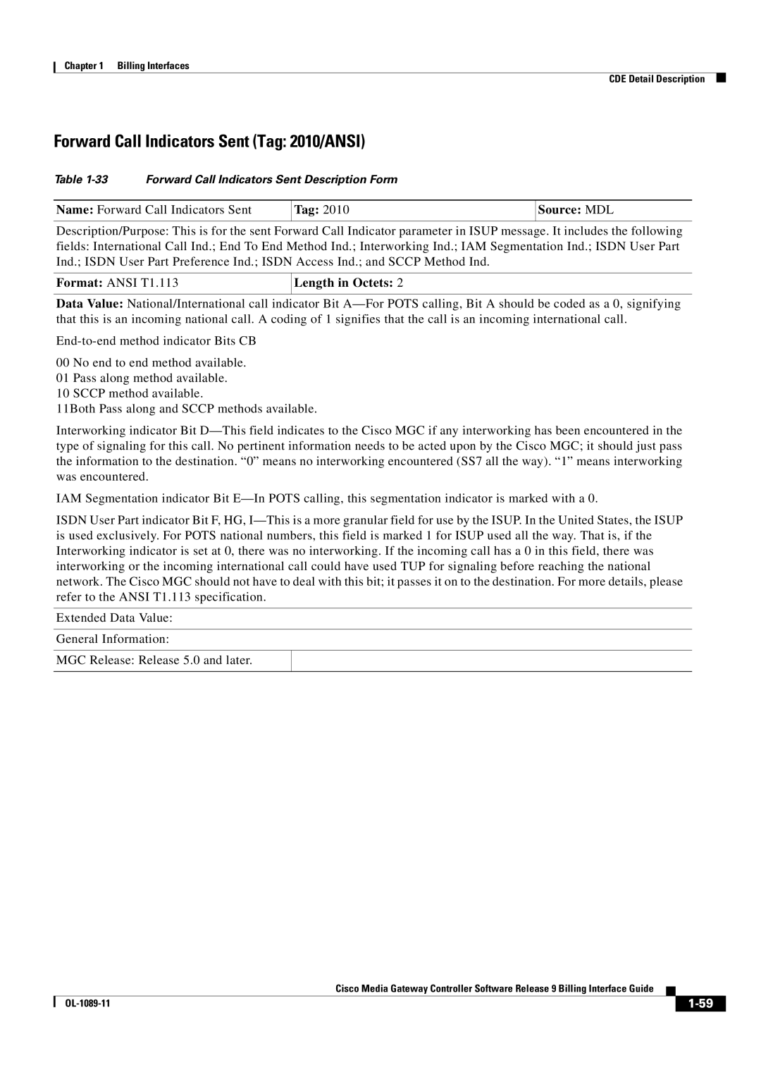 Cisco Systems OL-1089-11 manual Forward Call Indicators Sent Tag 2010/ANSI 