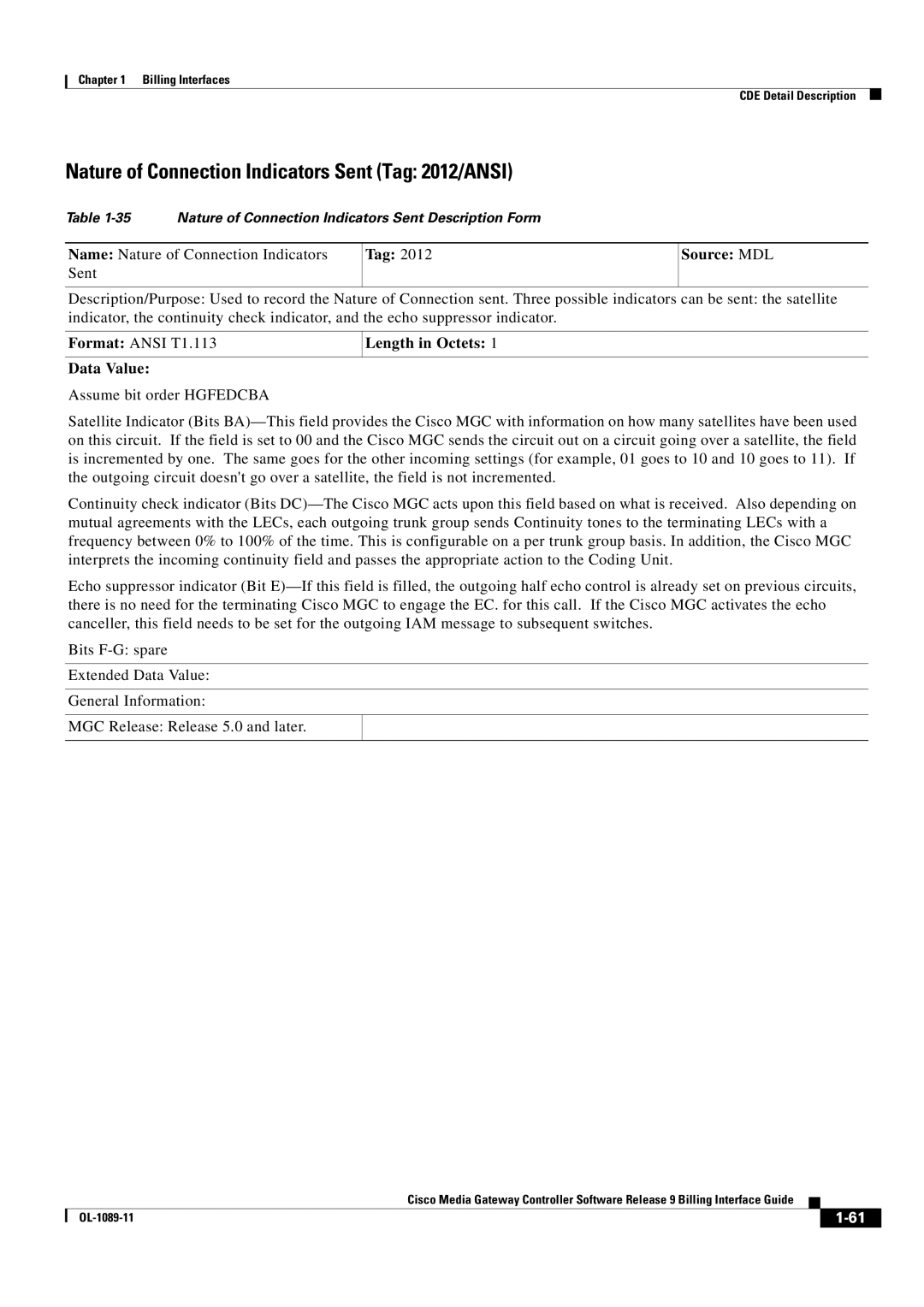 Cisco Systems OL-1089-11 manual Nature of Connection Indicators Sent Tag 2012/ANSI 