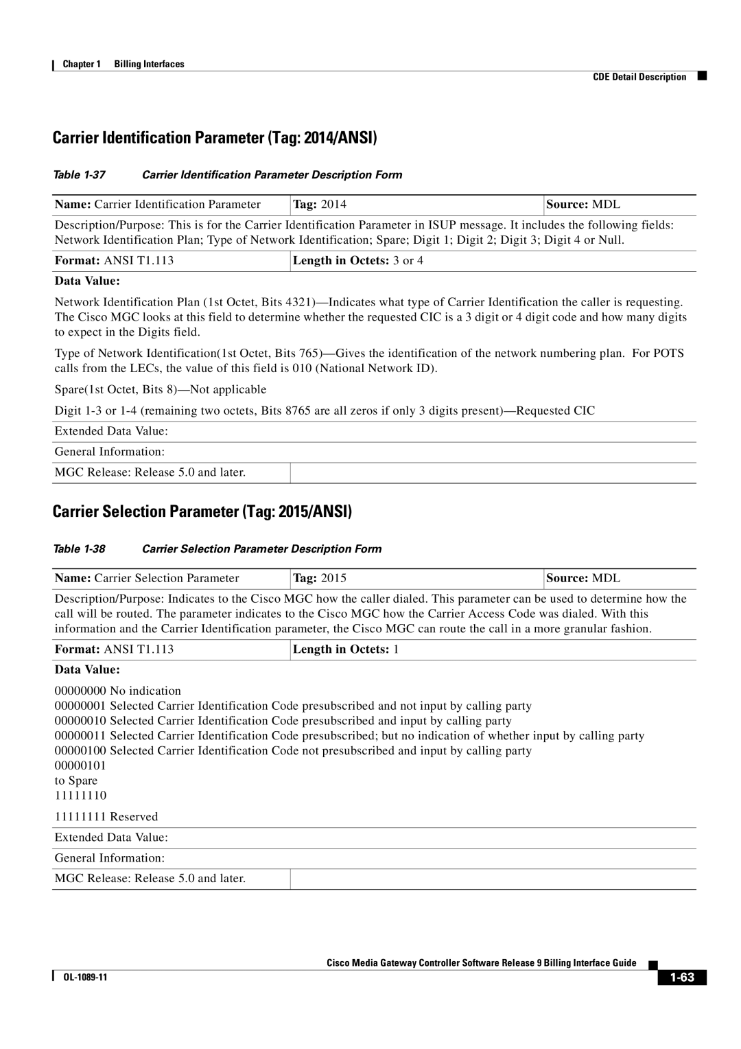 Cisco Systems OL-1089-11 manual Carrier Identification Parameter Tag 2014/ANSI, Carrier Selection Parameter Tag 2015/ANSI 