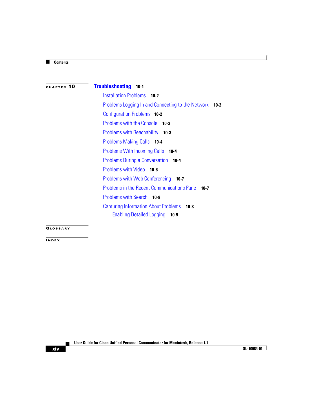 Cisco Systems OL-10984-01 manual Troubleshooting, Xiv 