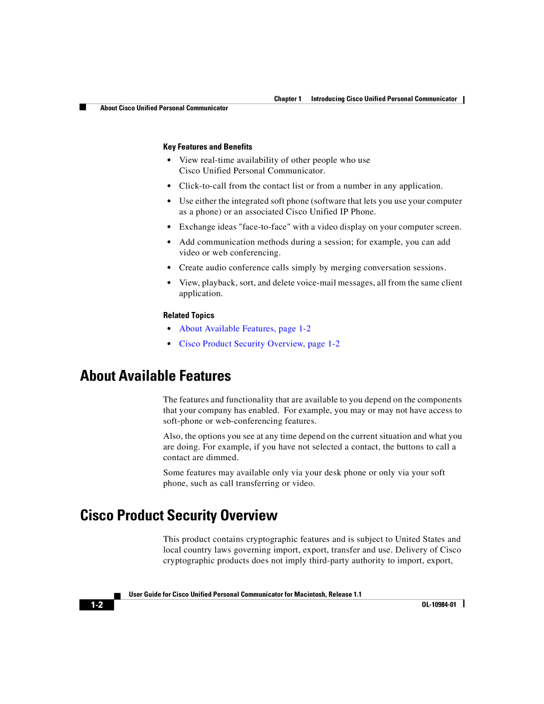 Cisco Systems OL-10984-01 manual About Available Features, Cisco Product Security Overview, Key Features and Benefits 