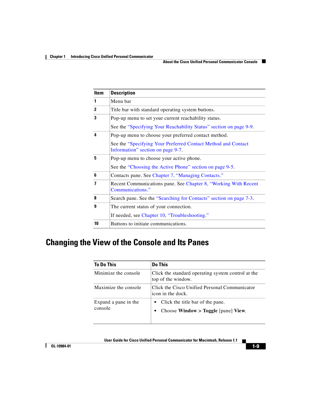 Cisco Systems OL-10984-01 Changing the View of the Console and Its Panes, Item Description, Choose Window Toggle pane View 