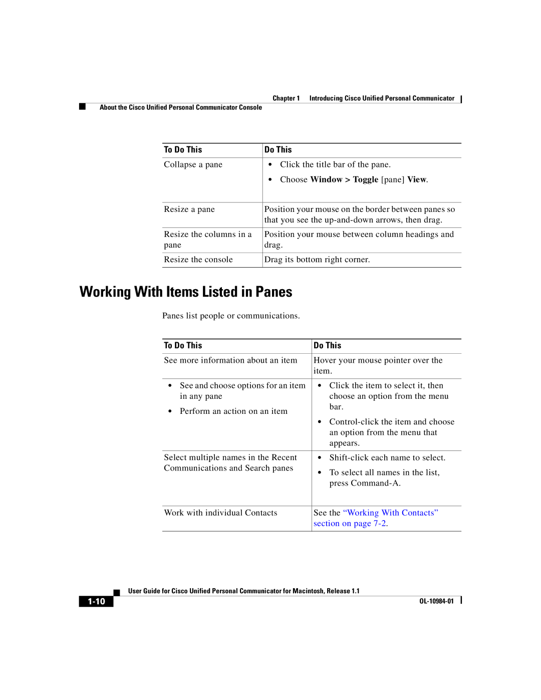 Cisco Systems OL-10984-01 manual Working With Items Listed in Panes, See the Working With Contacts 