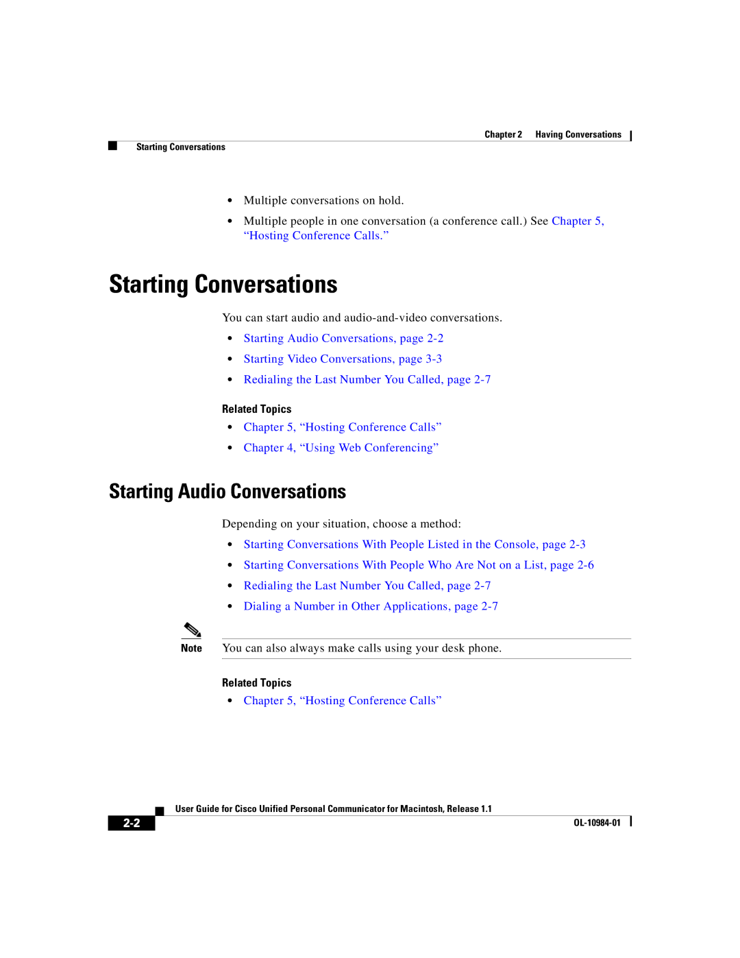 Cisco Systems OL-10984-01 manual Starting Conversations, Starting Audio Conversations, Hosting Conference Calls 