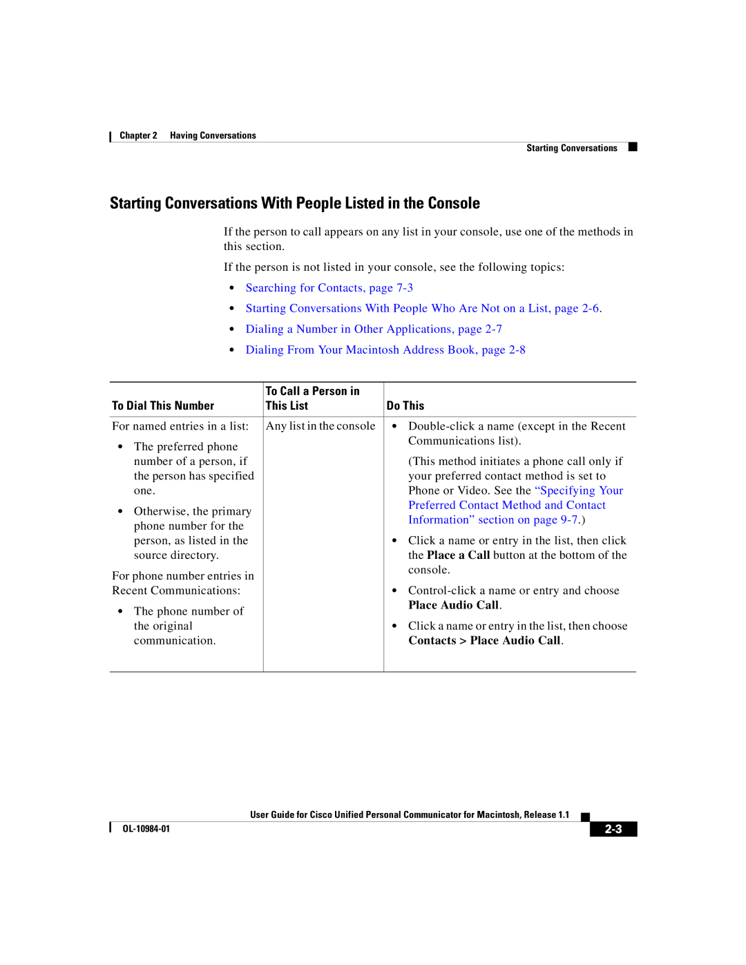 Cisco Systems OL-10984-01 manual Starting Conversations With People Listed in the Console, Place Audio Call 